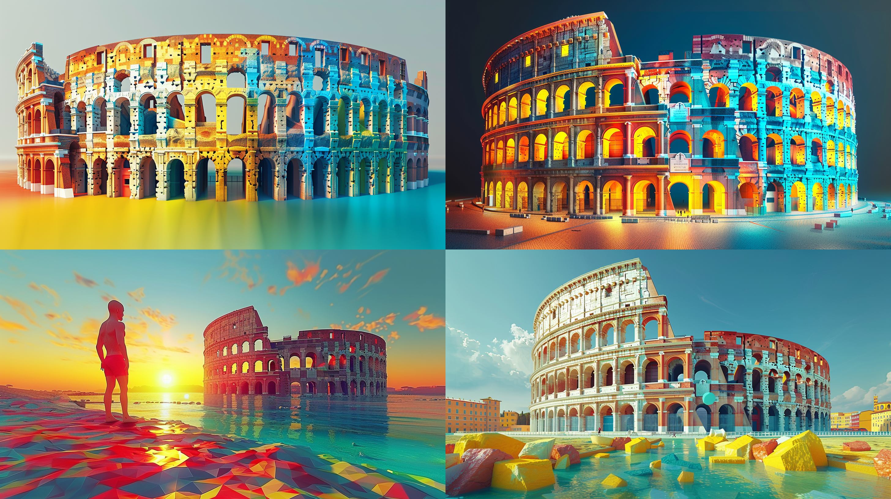 包豪斯 几何拼接 ⽐萨斜塔 罗⻢⽃兽场 意⼤利地图 剪影 白底 对⽐度 饱和度⾼ low poly