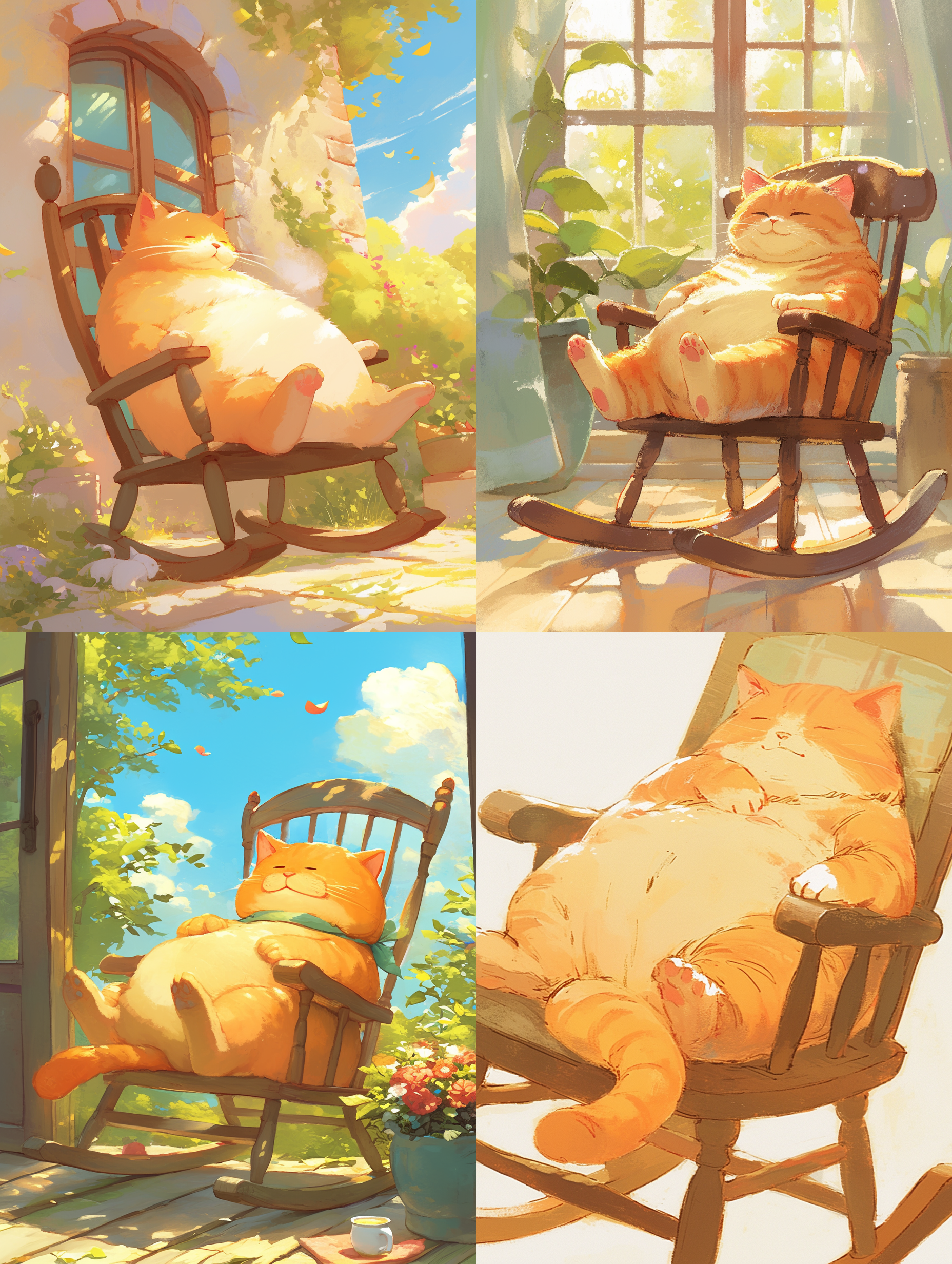 一个可爱的胖胖的橘猫，躺在摇椅上，醉醺醺的，治愈儿童插画，明亮丰富的颜色，小清新风格，吉卜力，宫崎骏，高清晰度，最佳质量
