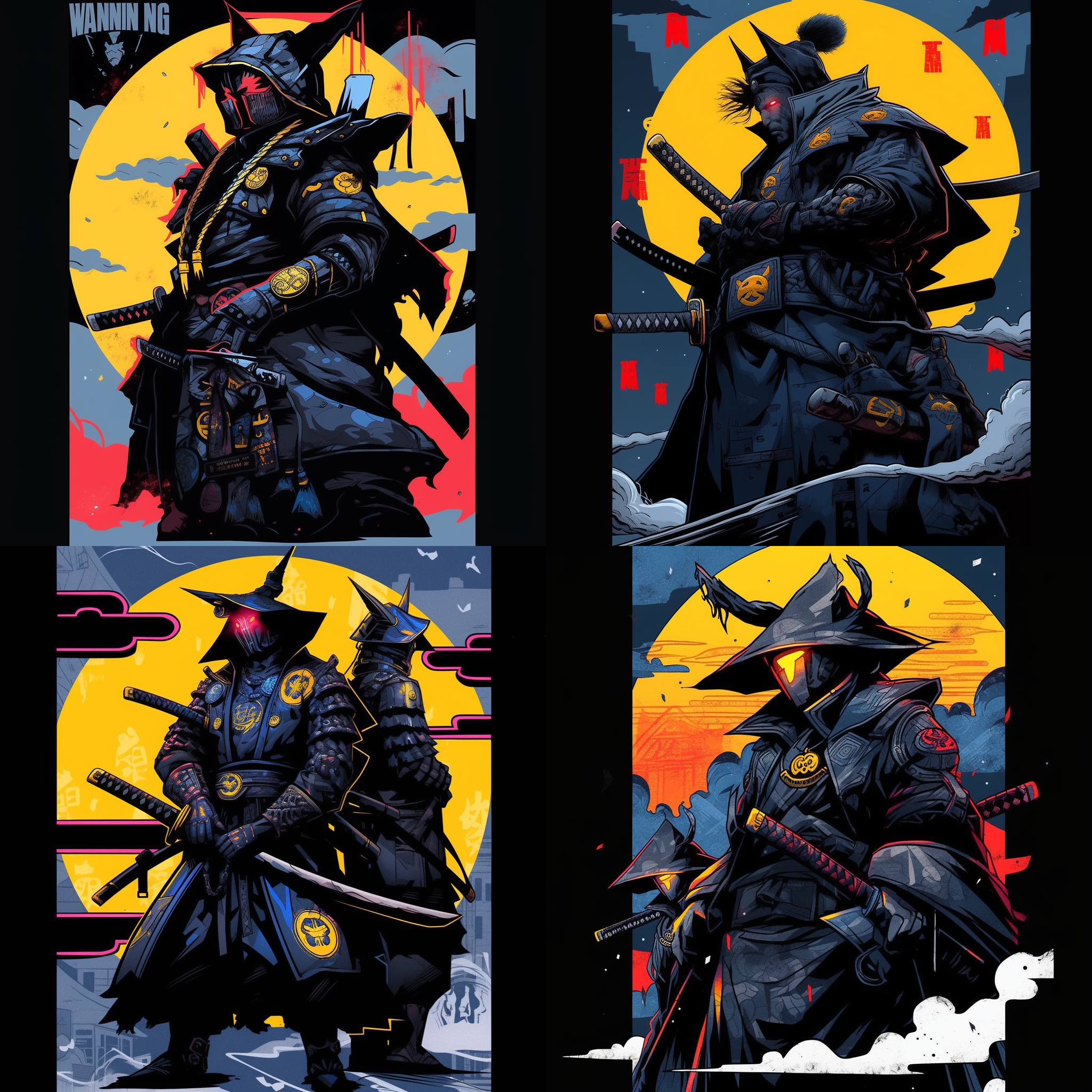 武士时代，马丁·安辛风格，嘻哈美学，全暗蓝金属质感，模糊背景，新波风格，武士元素，中心构图，高光对比，冷色调，长焦镜头，侧光，静态，神秘感。