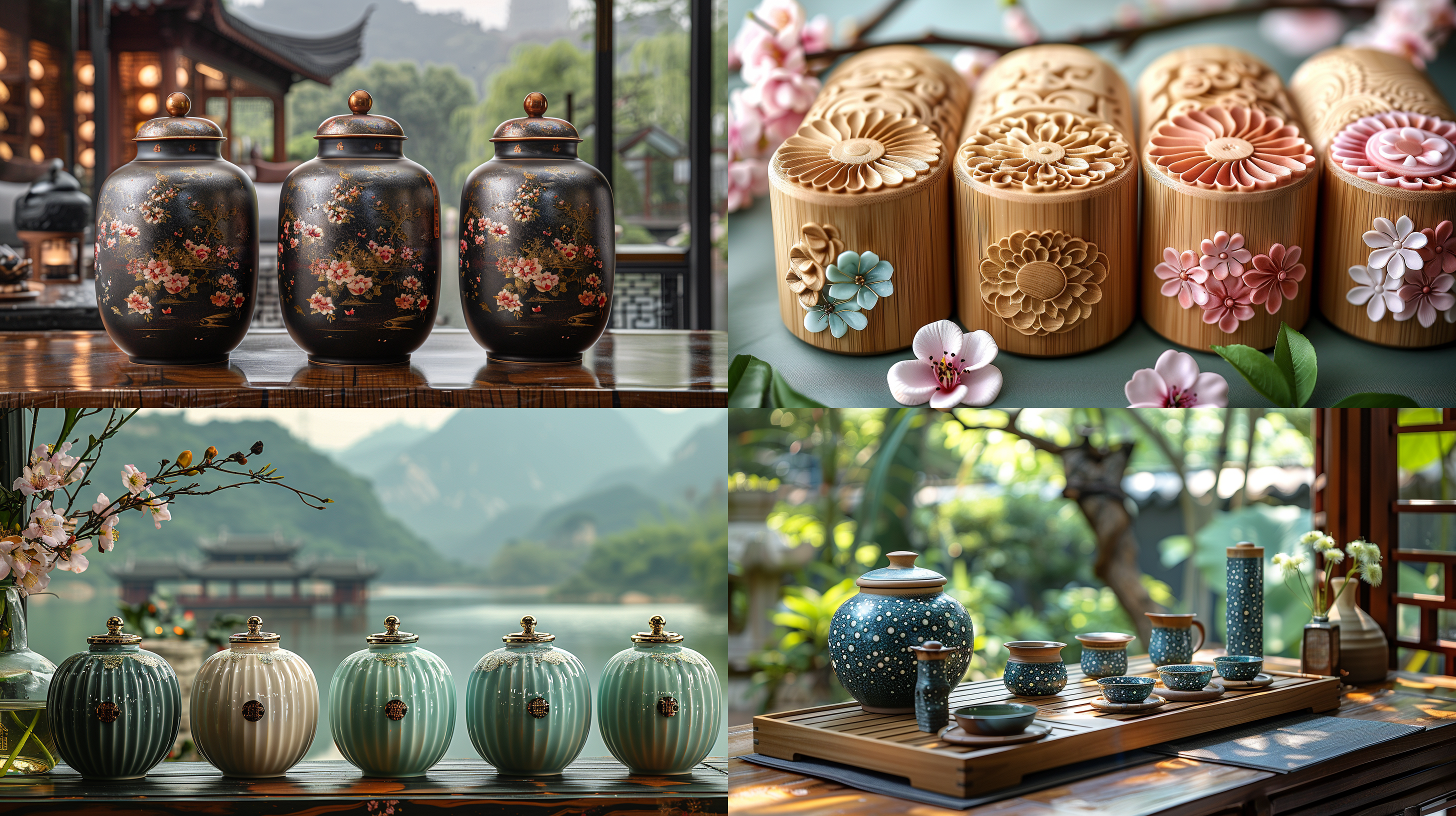 中国风茶叶包装设计，古典优雅，木质纹理，瓷器茶壶，细腻花纹，柔和光线，静谧氛围，长焦镜头，自然光，细节丰富，和谐色彩，宁静安详。