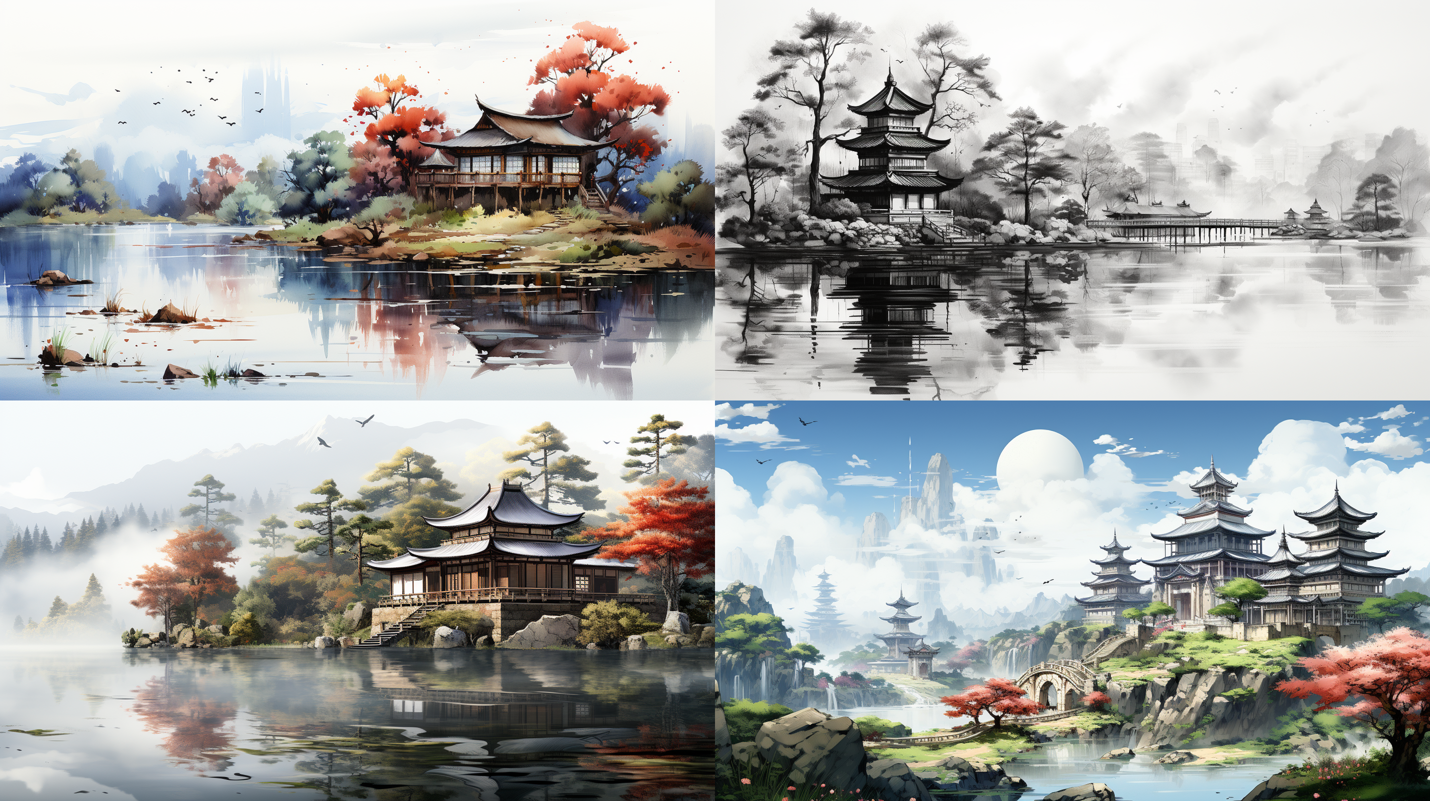 中国风画面，古典园林，亭台楼阁，水墨山水，对称构图，细腻笔触，静谧氛围，长焦镜头，柔和光线，慢速快门，宁静，淡雅色彩，禅意。