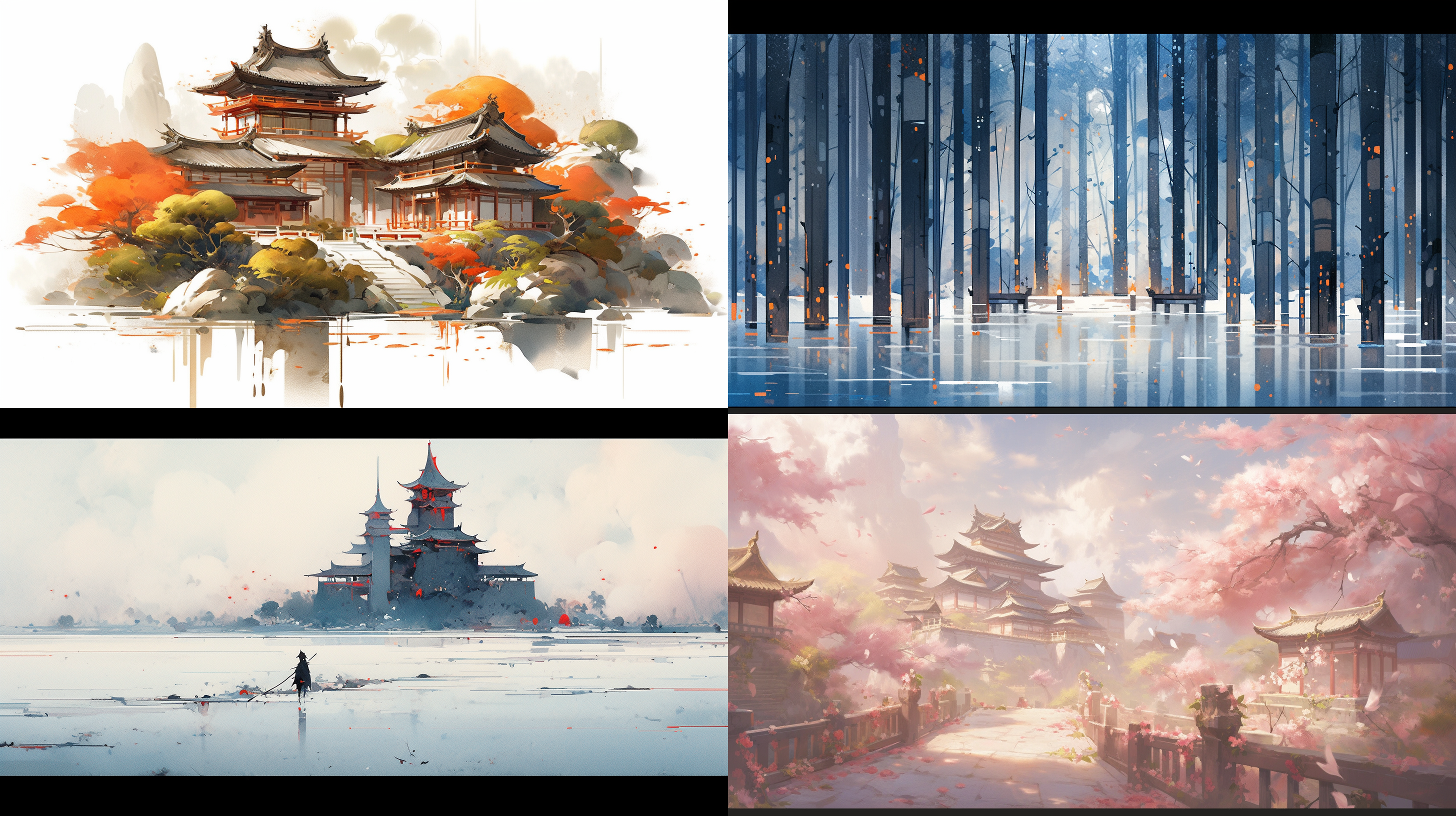 中国风画面，古典园林，亭台楼阁，水墨山水，对称构图，细腻笔触，静谧氛围，长焦镜头，柔和光线，慢速快门，宁静，淡雅色彩，禅意。