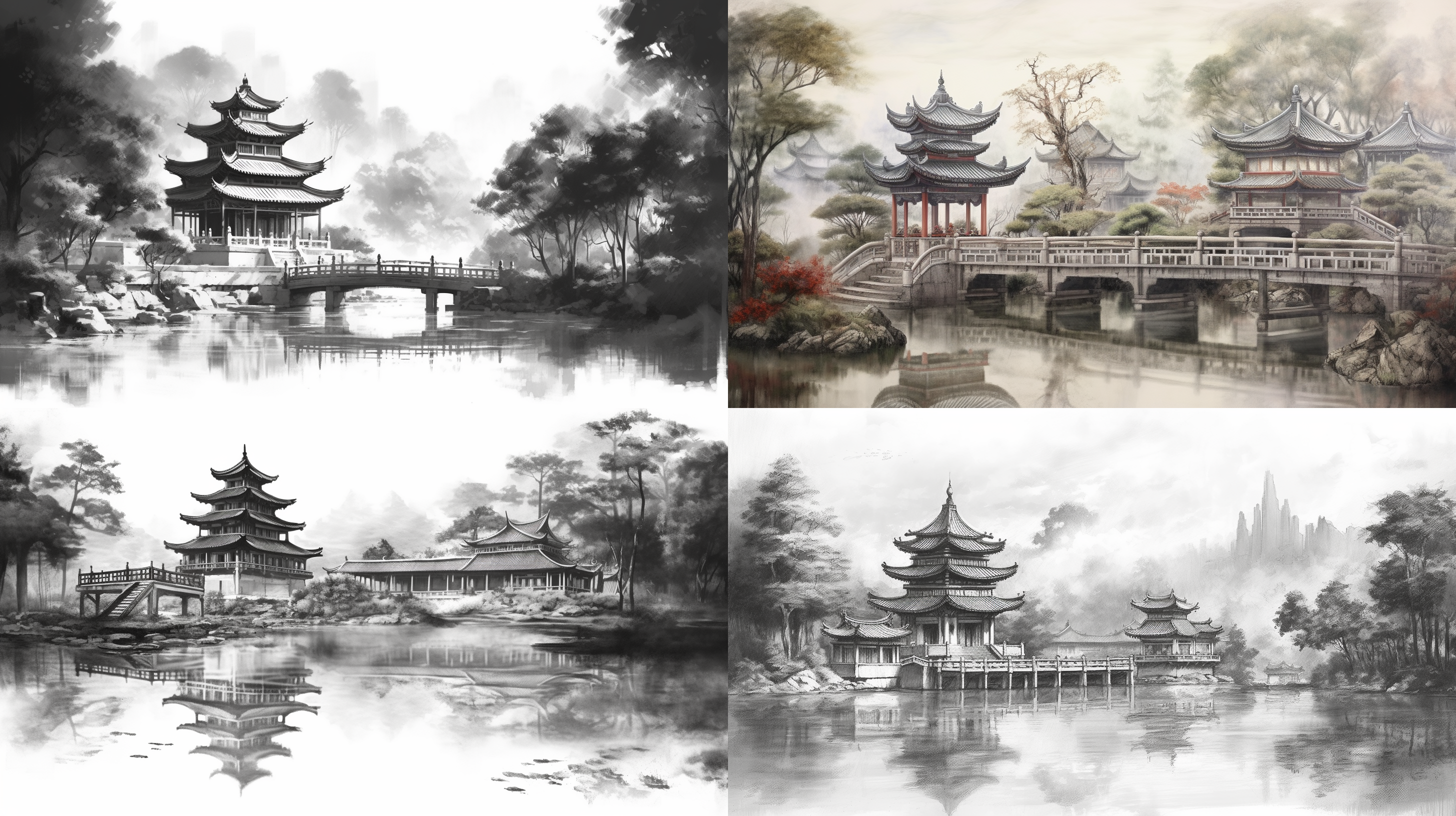 中国风画面，古典园林，亭台楼阁，水墨山水，对称构图，细腻笔触，静谧氛围，长焦镜头，柔和光线，慢速快门，宁静，淡雅色彩，禅意。