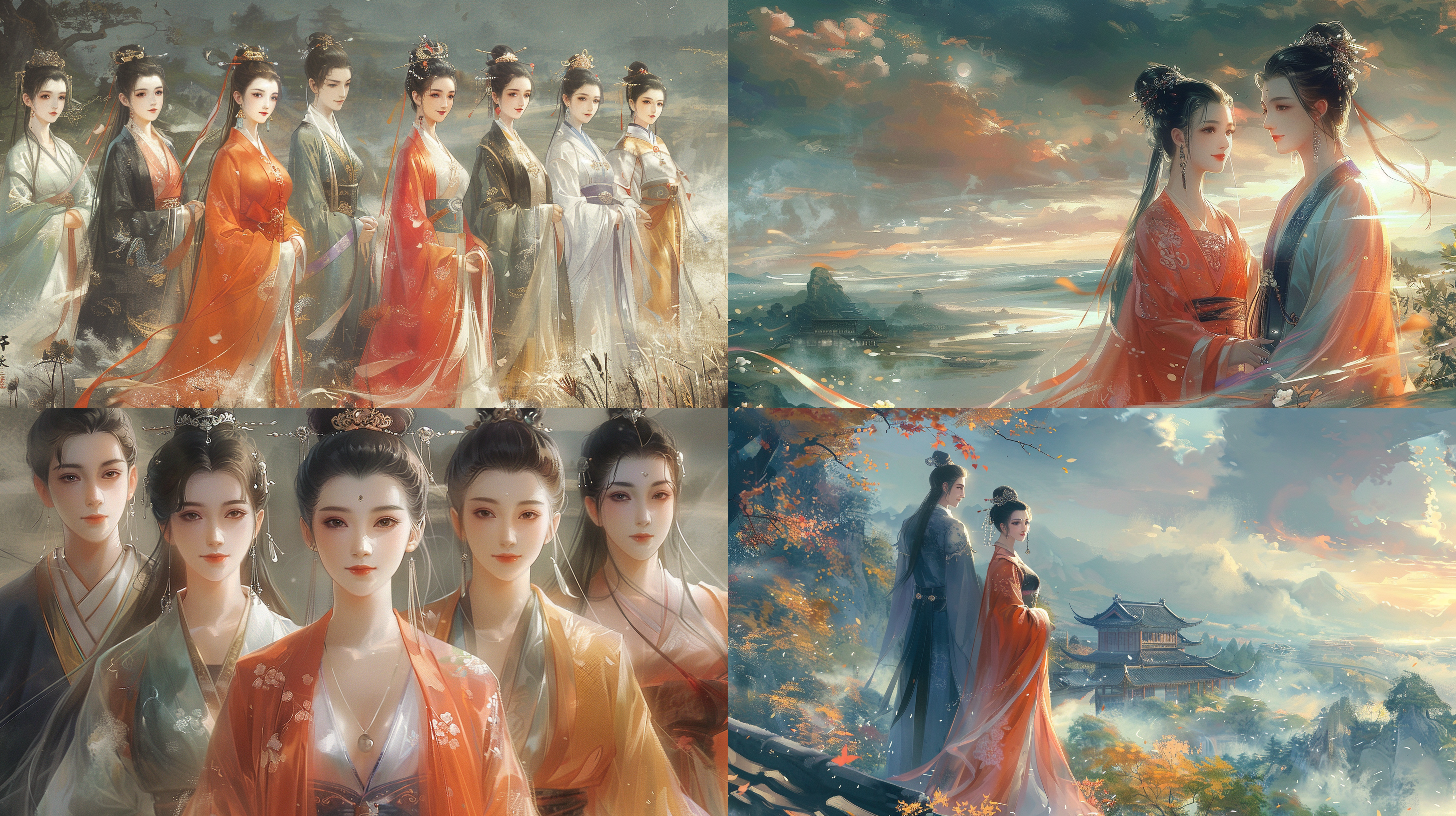 古风海报，山水背景，人物古装，细腻质感，长裙飘逸，微笑表情，对称构图，柔和光线，中国风，山水画，细节丰富，色彩淡雅，宁静安详。