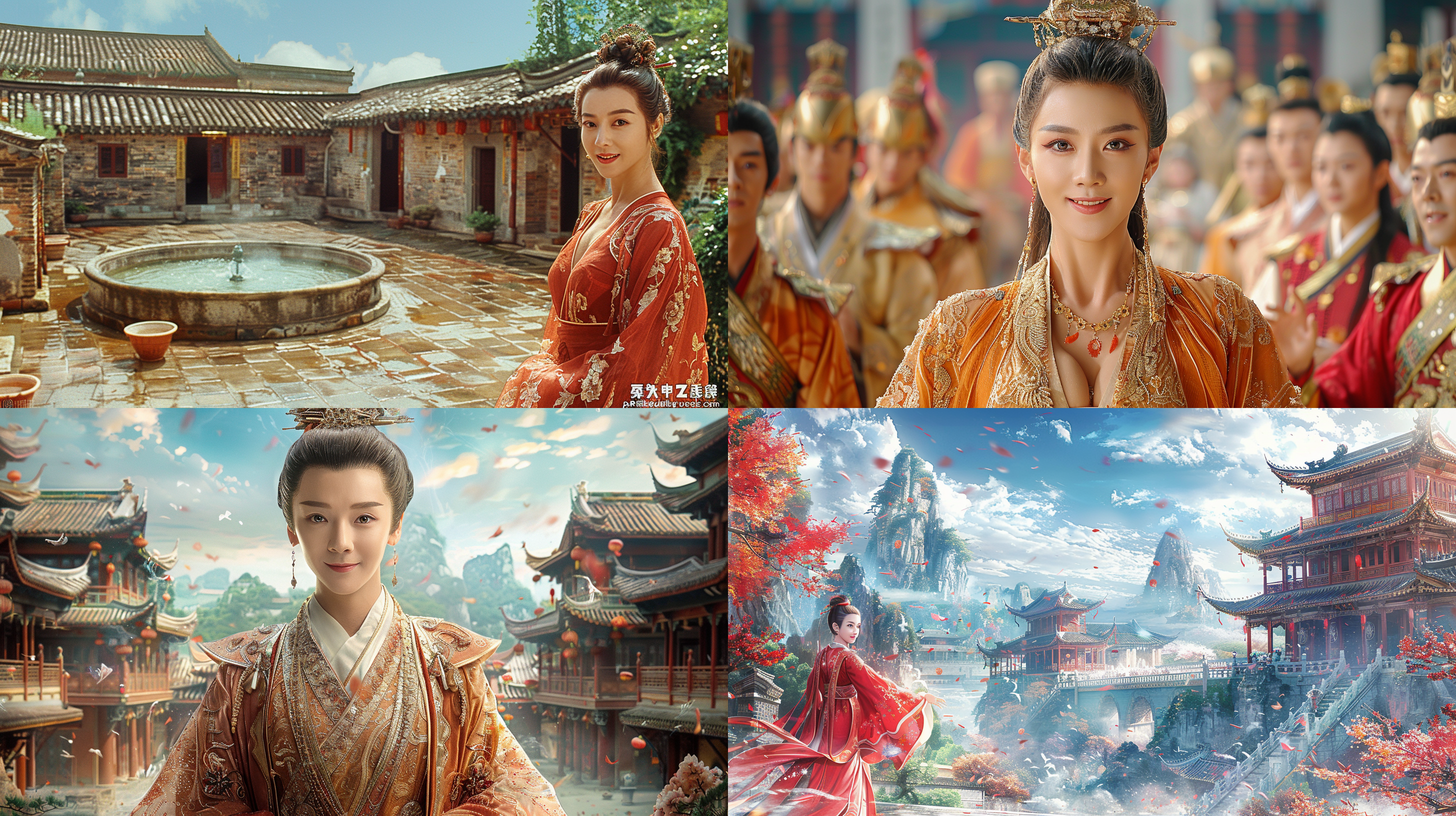 古风女子，长裙飘逸，发髻高耸，面带微笑，庭院中，古典建筑，细腻笔触，柔和光线，长焦镜头，静态，优雅，淡雅色彩，宁静。