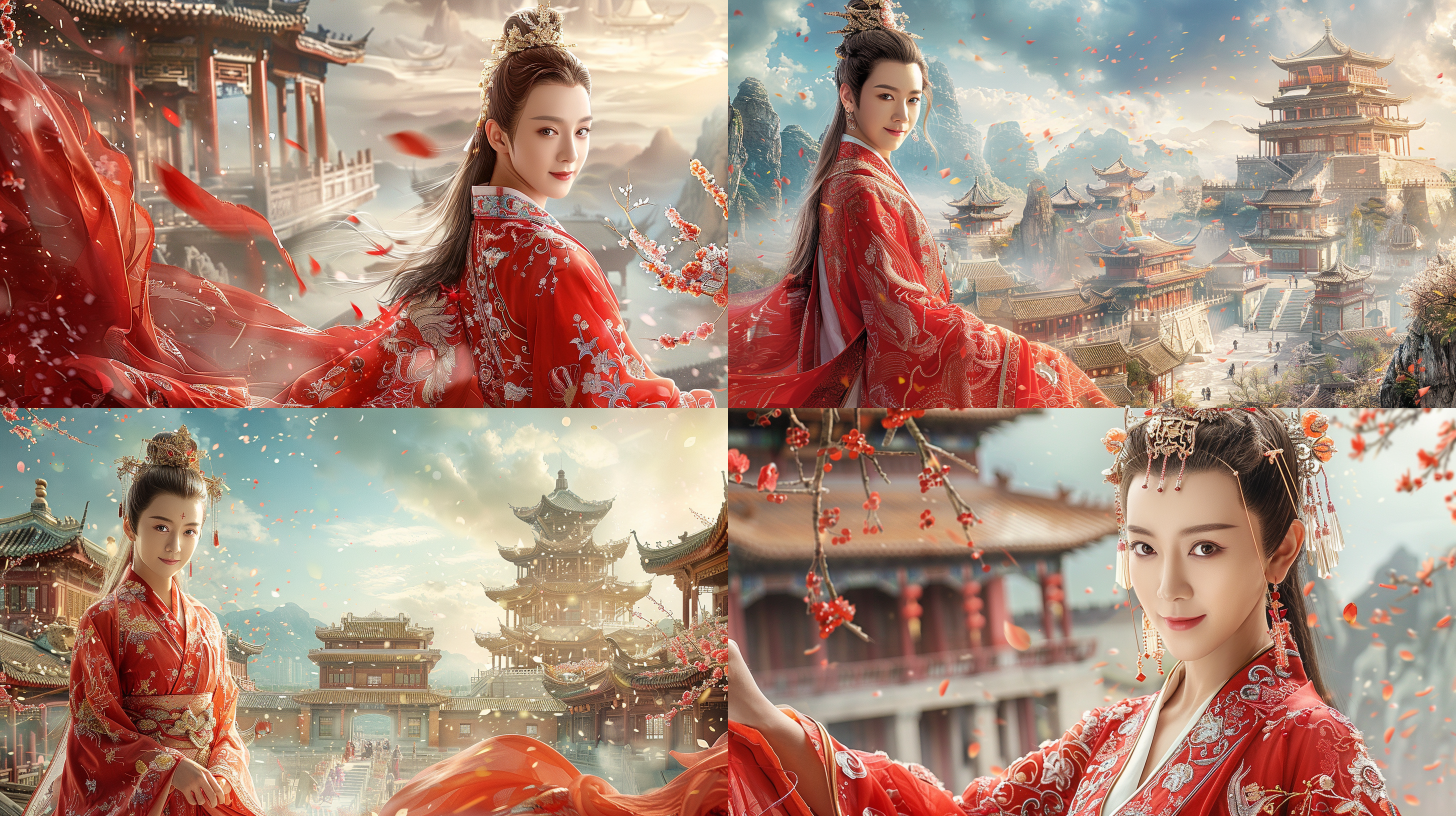 古风女子，长裙飘逸，发髻高耸，面带微笑，庭院中，古典建筑，细腻笔触，柔和光线，长焦镜头，静态，优雅，淡雅色彩，宁静。