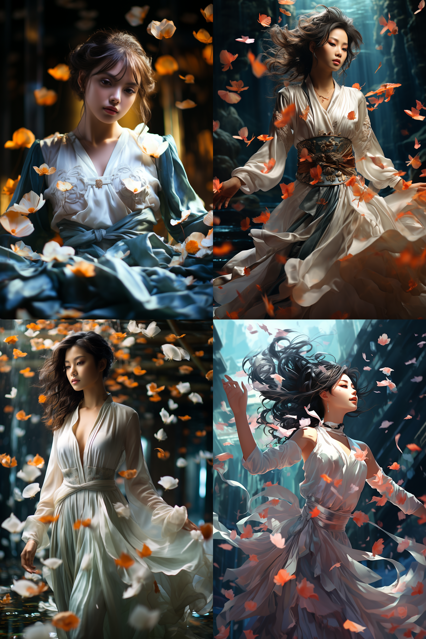 chinese woman, lotus petals, anime style, frosted glass background, flowing white robe, falling leaves as embellishments, lotus in full bloom, water reflection, diatoms details, dribbble design, silk dancing in the wind, inspired by alvan fisher, soft lighting, dreamy colors, tranquil atmosphere.,,in clothes