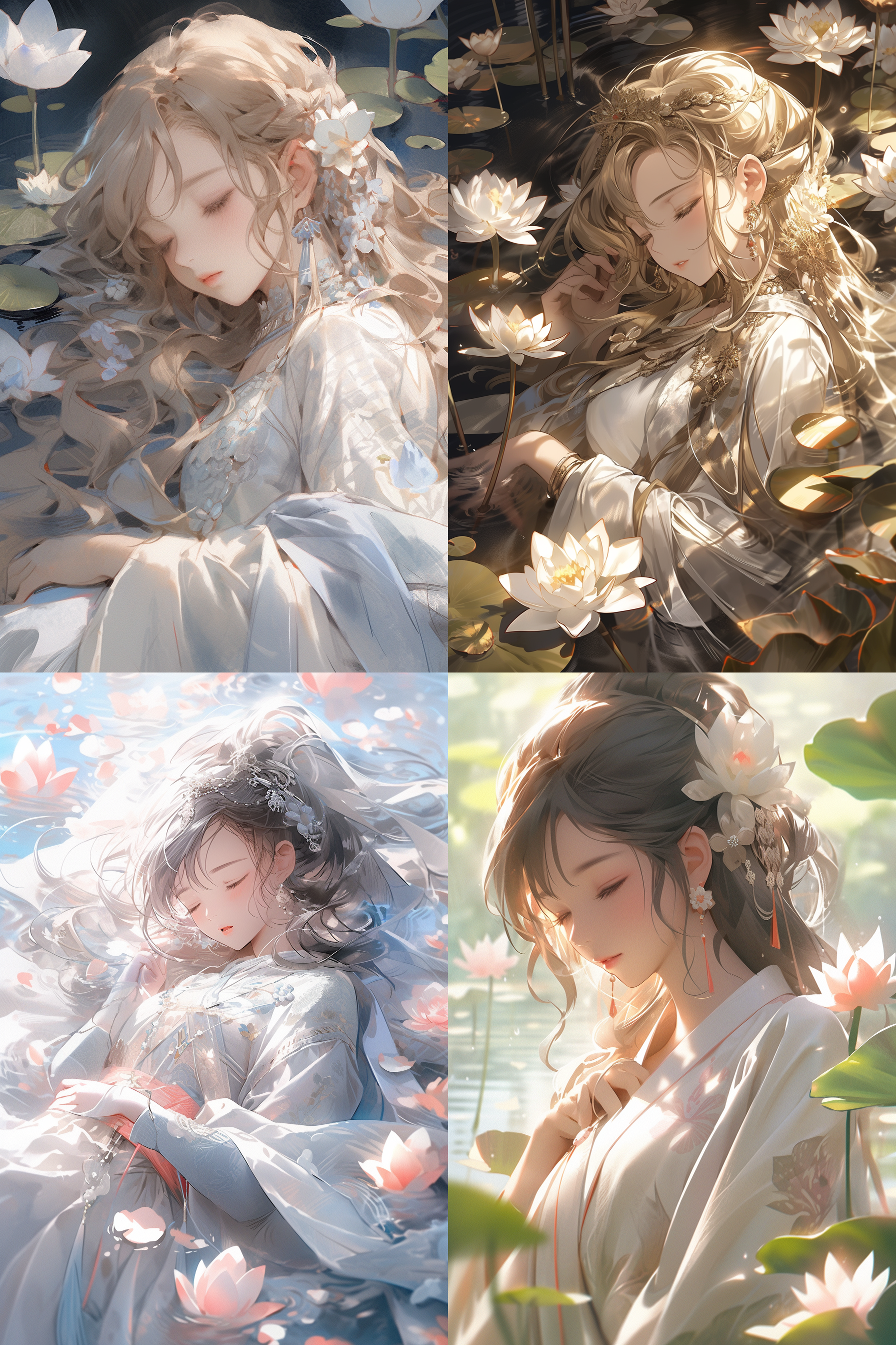 chinese woman, lotus petals, anime style, frosted glass background, flowing white robe, falling leaves as embellishments, lotus in full bloom, water reflection, diatoms details, dribbble design, silk dancing in the wind, inspired by alvan fisher, soft lighting, dreamy colors, tranquil atmosphere.,,in clothes