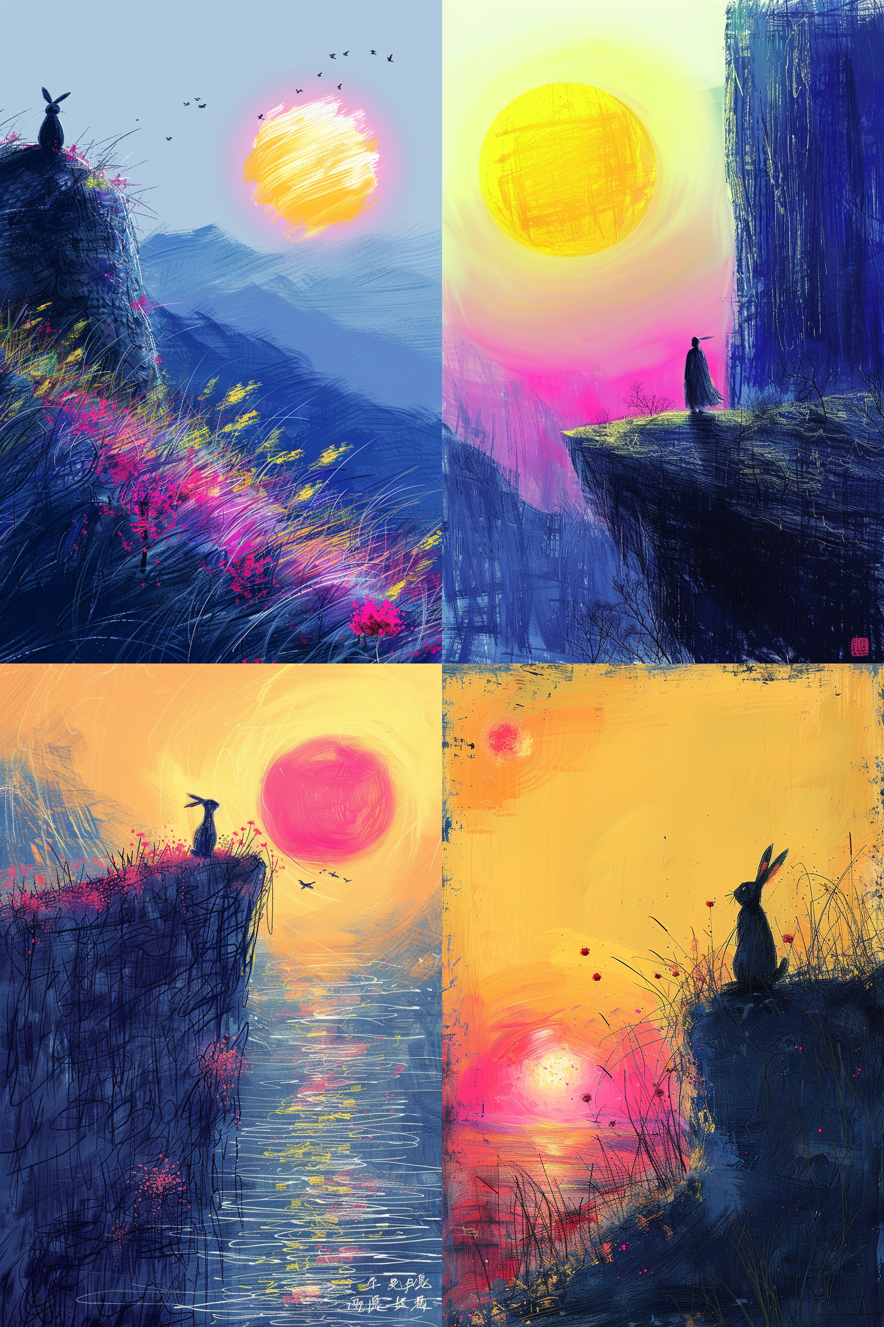 东方神话中的兔子站在悬崖上向天空呼唤，金黄色与深棕色，国画山水，剧中构图，色彩斑澜的水墨画，史诗般的水墨，中国传统元素