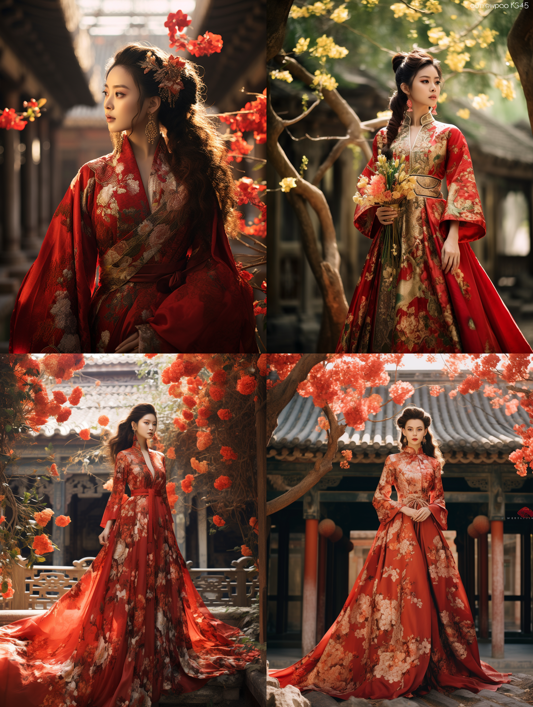 赵飞燕站在一座古老的庭院中，庭院中盛开着五彩斑斓的花朵。她身着一件华丽的红色长袍，上面绣着精美的花纹，头戴金色的头饰，显得高贵而典雅。庭院中弥漫着花香，阳光透过树叶洒在她的身上，营造出一种既华丽又宁静的氛围。
