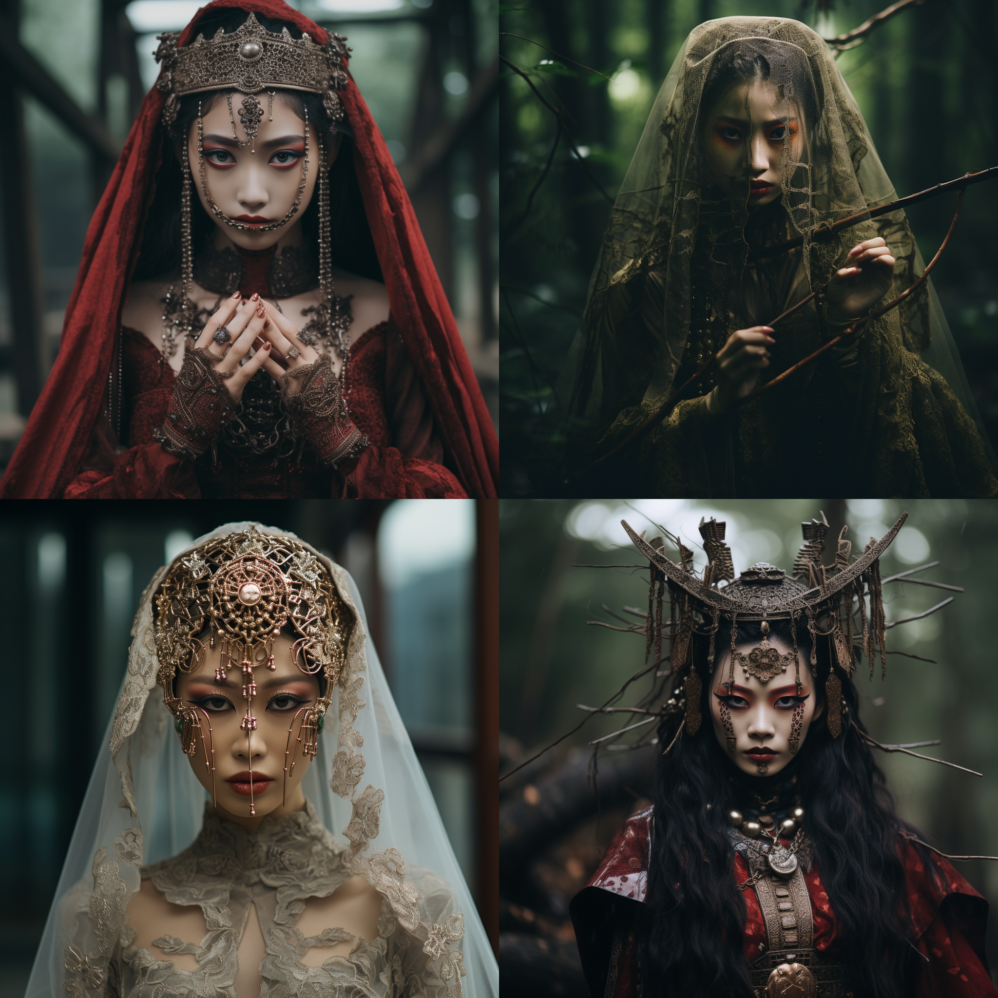 新中式僵尸，湘西新娘，古代科技，神秘氛围，对称构图，暗色调，森林背景，长焦镜头，柔和侧光，静止动作，面纱遮面，金属饰品，深邃眼神，紧张情绪。