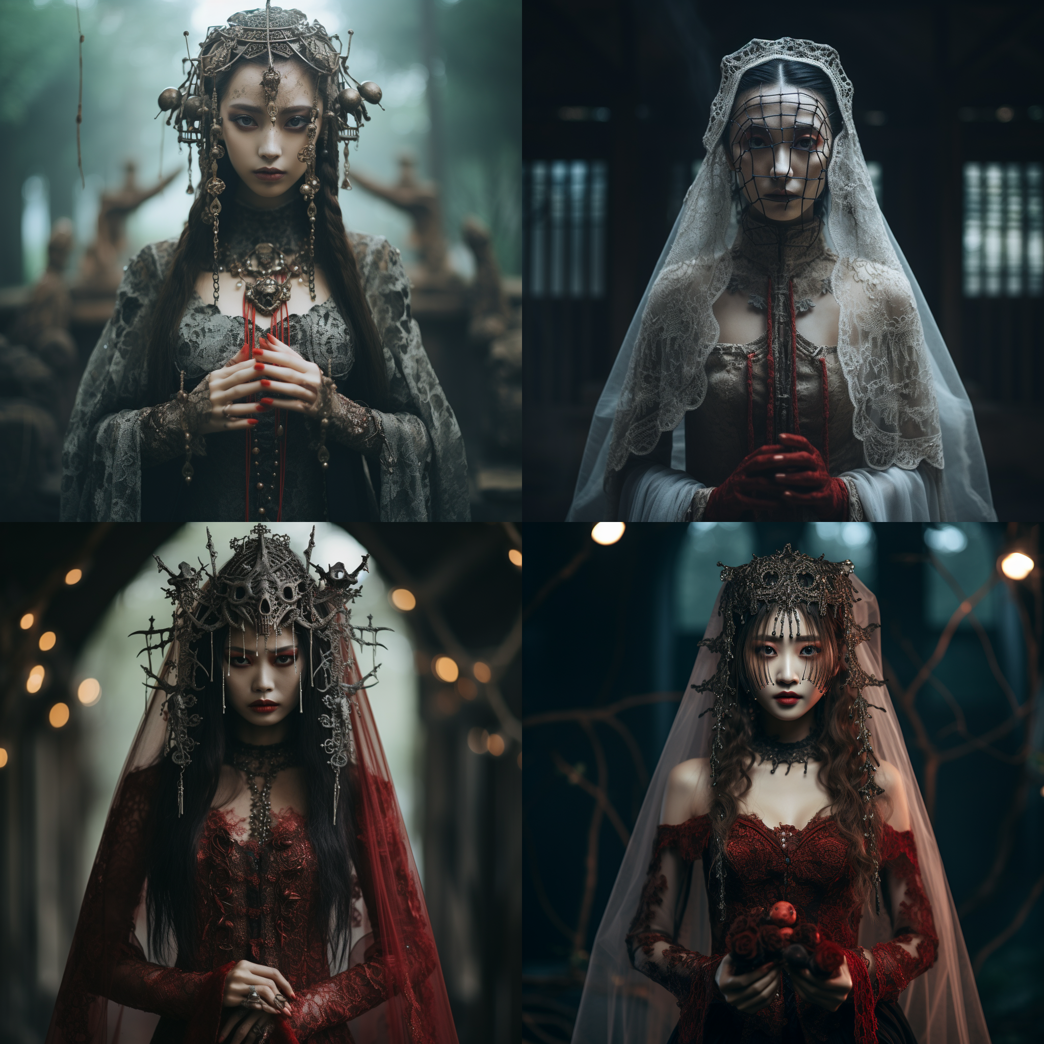 新中式僵尸，湘西新娘，古代科技，神秘氛围，对称构图，暗色调，森林背景，长焦镜头，柔和侧光，静止动作，面纱遮面，金属饰品，深邃眼神，紧张情绪。