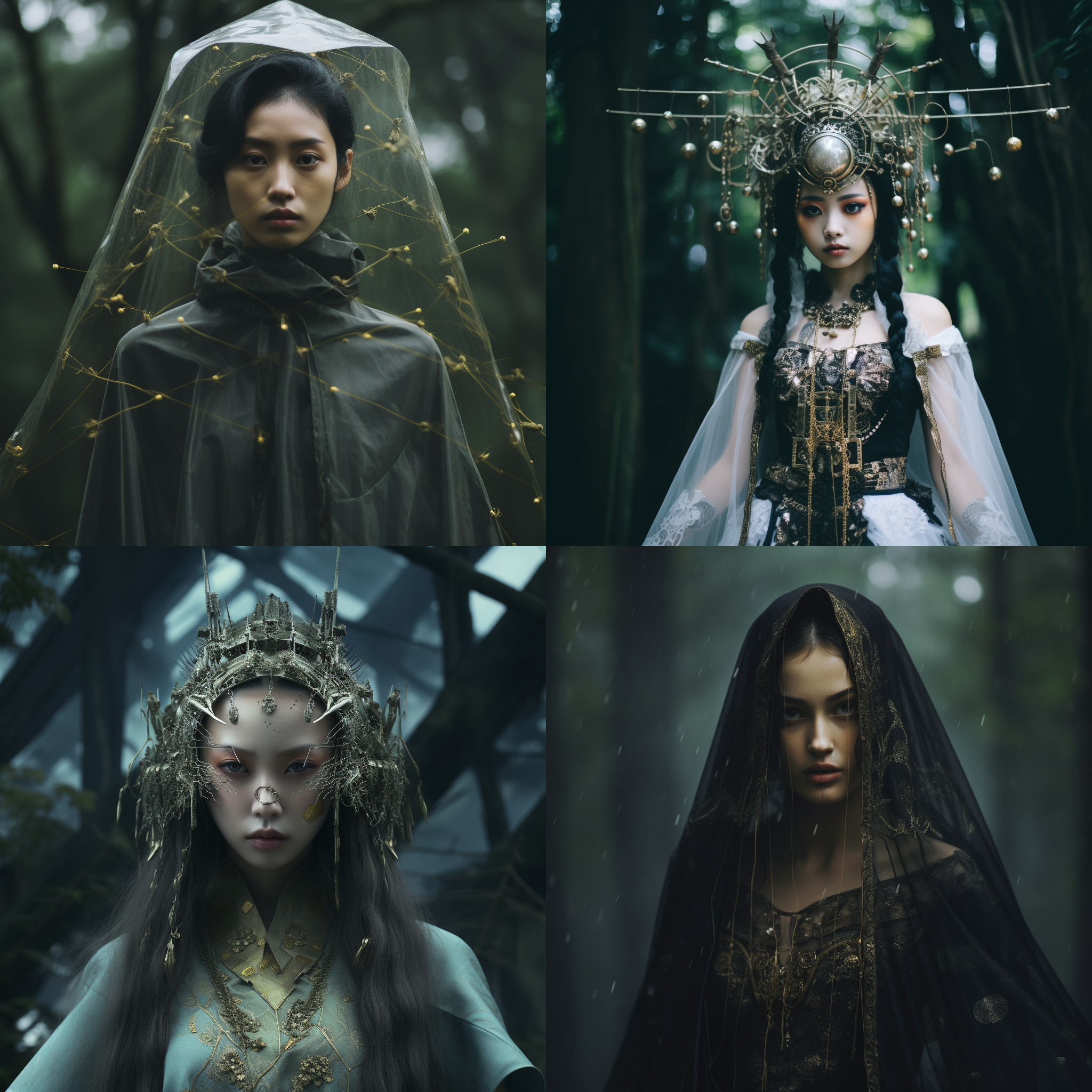 新中式僵尸，科技，神秘氛围，对称构图，暗色调，森林背景，长焦镜头，柔和侧光，静止动作，面纱遮面，金属饰品，深邃眼神，紧张情绪。