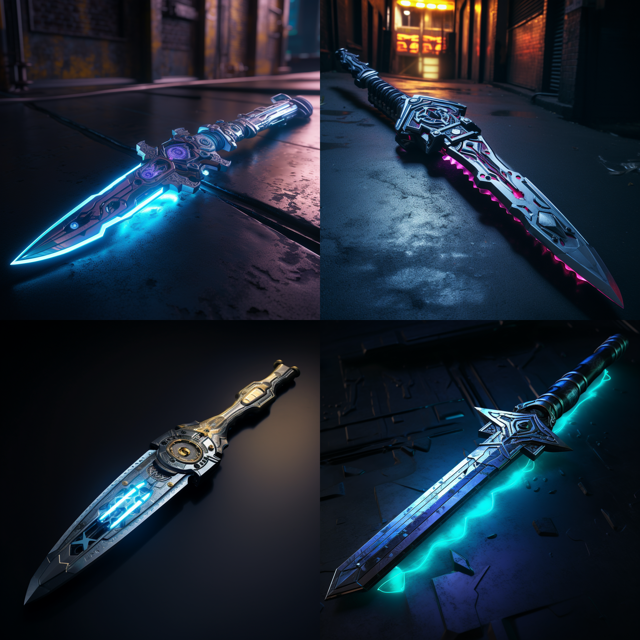 赛博朋克风格宽剑，产品图，正视图，剑身发光，科技感十足，复杂设计，高对比度，广角镜头，背光，金属质感，冷色调，力量感。