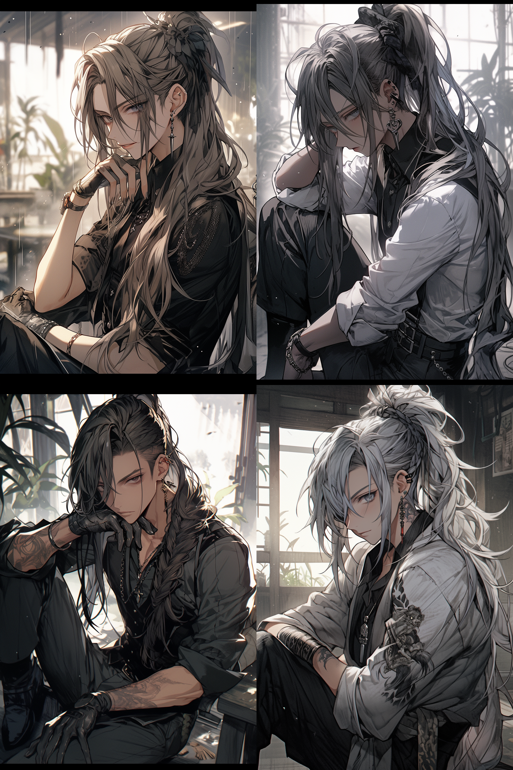 anime male avatar, gray high ponytail hairstyle, with hairpin, white shirt, gradient eyes, background in dark dungeon, natural environment, chiffon, melancholic, presence, flashy lighting, soft light, pearl texture, long eyelashes, , ultra high-definition, 8k, hand supporting chin, sitting on ground, black collar, beauty mole, earrings, tattoo.,,in clothes