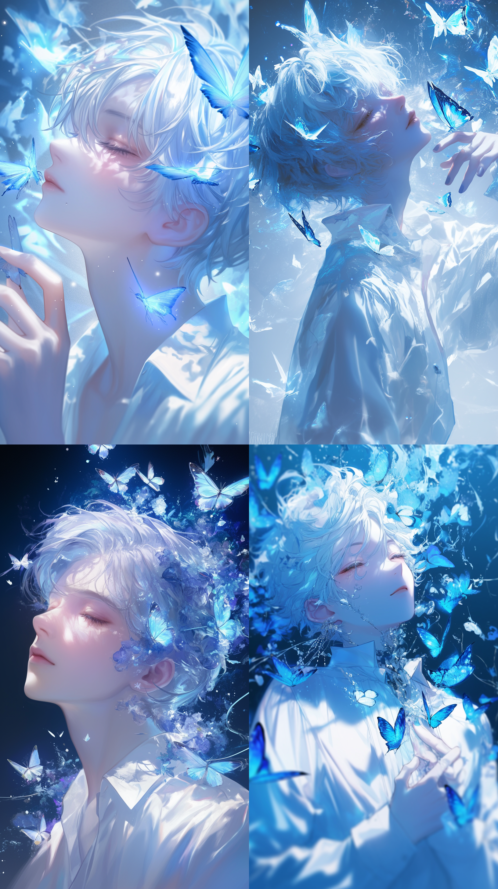 动漫男生肖像，白色调，蝴蝶飞舞，冷蓝光，闭眼，自然环绕，雪纺，哀愁，存在感。