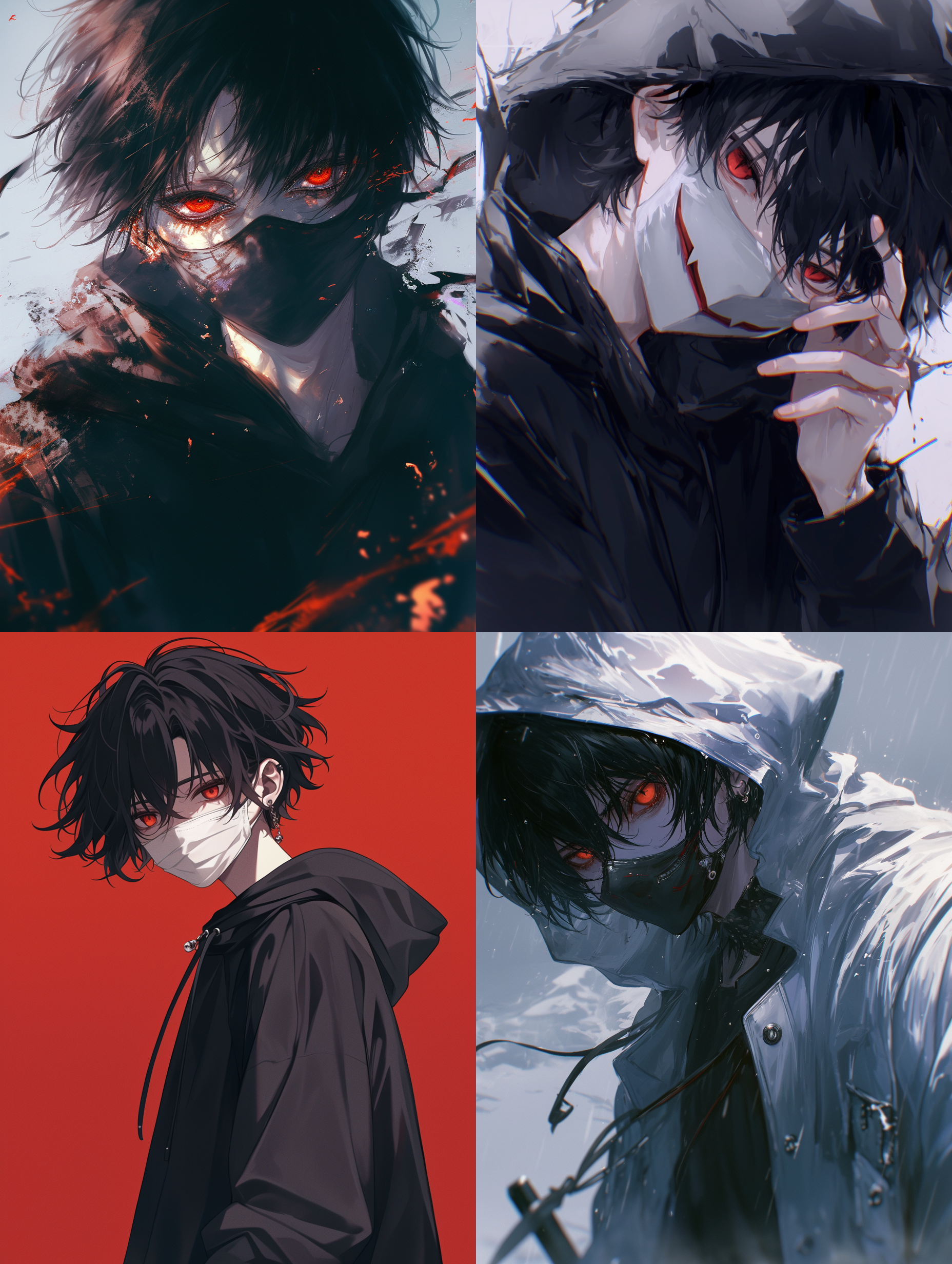 黑色头发的男生，帅气，有杀气，红色的眼睛，戴着未知感，脸上迷离，戴着白色口罩，穿着黑色卫衣