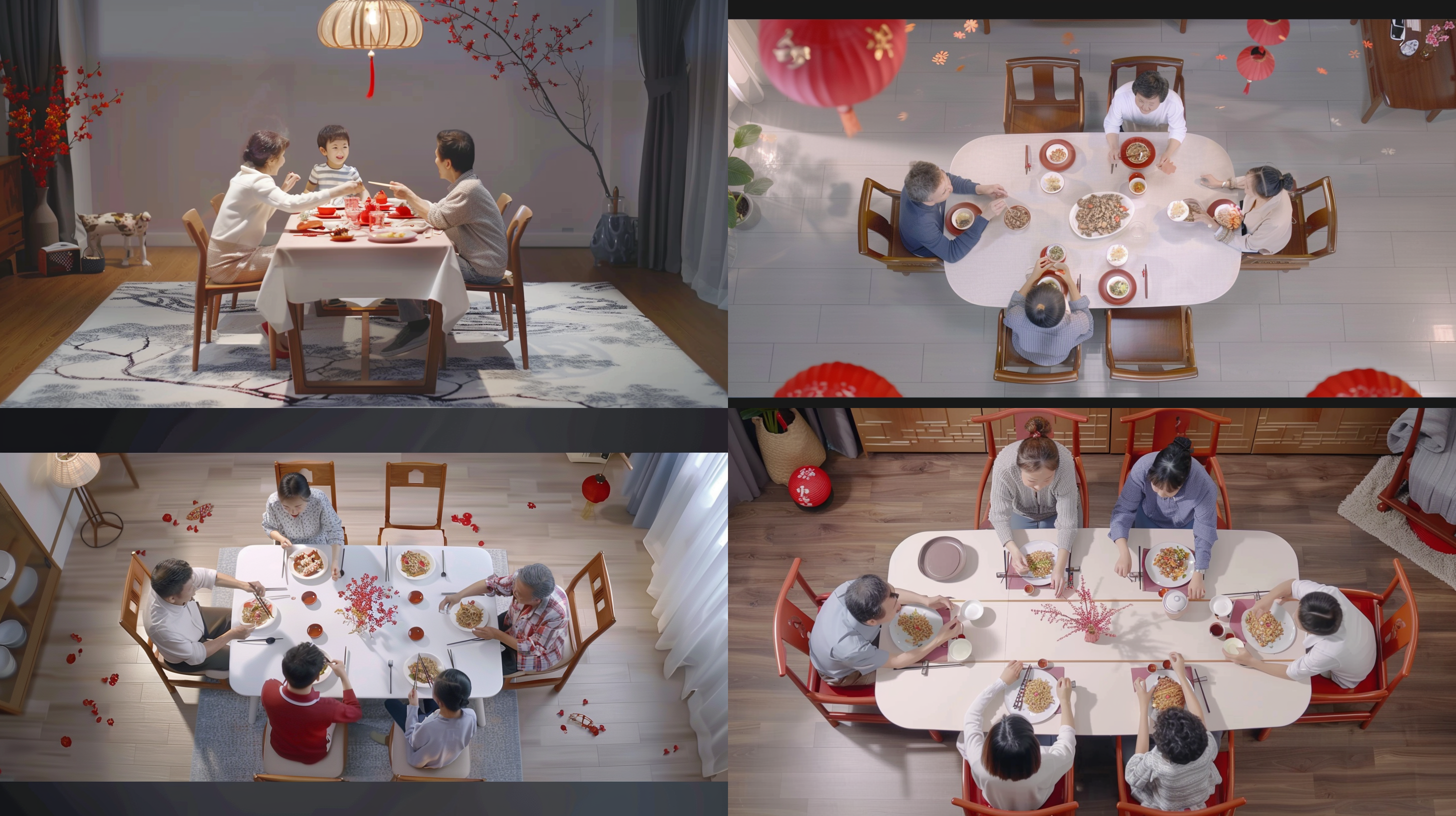 一家四口吃饭，俯瞰视角，明亮光线，温馨氛围，家庭餐厅，广角镜头，正面光，慢快门，微笑表情，和谐，暖色调。 全身 顶视图