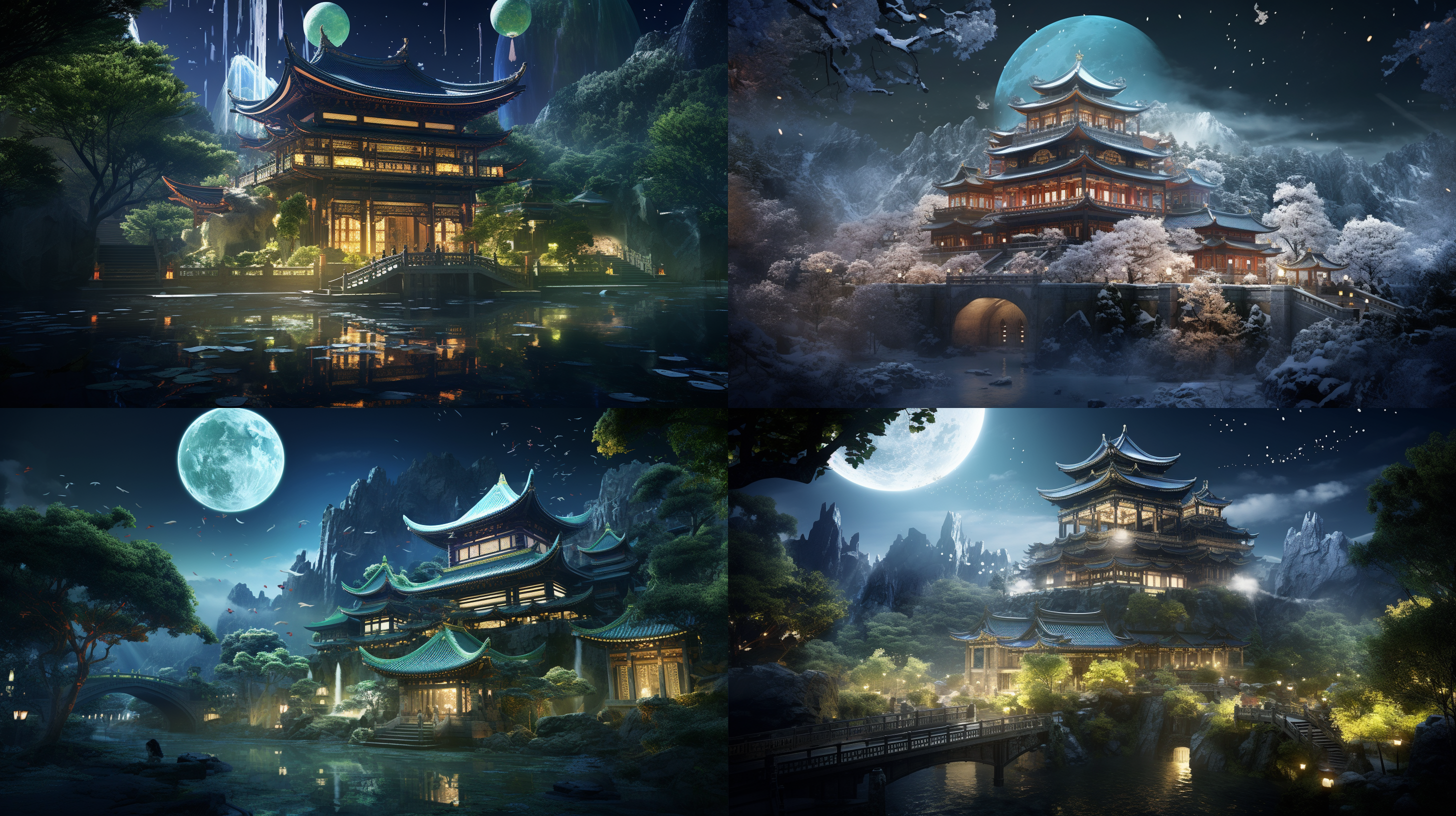 a glass oriental building with pavilions and chinese-style cornices, a gleaming interior, located in a lush green forest.in the surreal cg rendering of ancient china, there is a yaolin wonderland next to a small town with ancient buildings in the south of the yangtze river.night, bright stars, charming smoke, maple leaf trees, snow scene, high definition