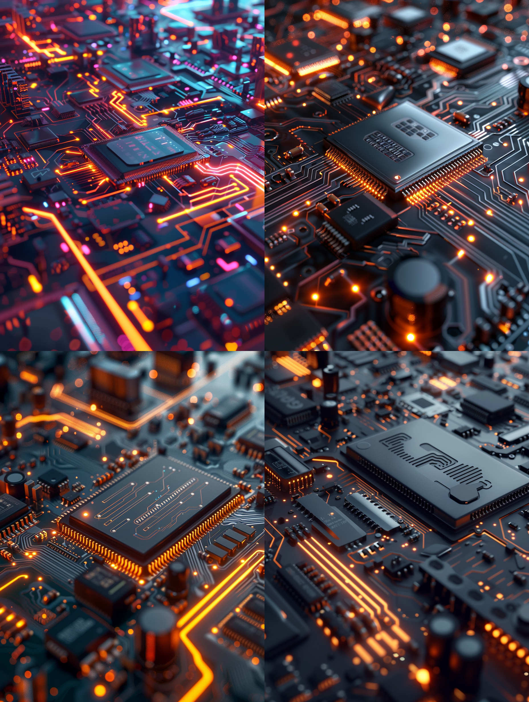 产品渲染，电路主板，高级科技光感，电阻，芯片，结构，完美全景展示，正视图，细节清晰，质感加强，oc渲染，搅拌机，高质量，8k，高分辨率，金属质感，冷色调，精确对焦，侧光，科技感，现代感，精密工艺，专业摄影，光影效果，清晰度高，技术美感。
