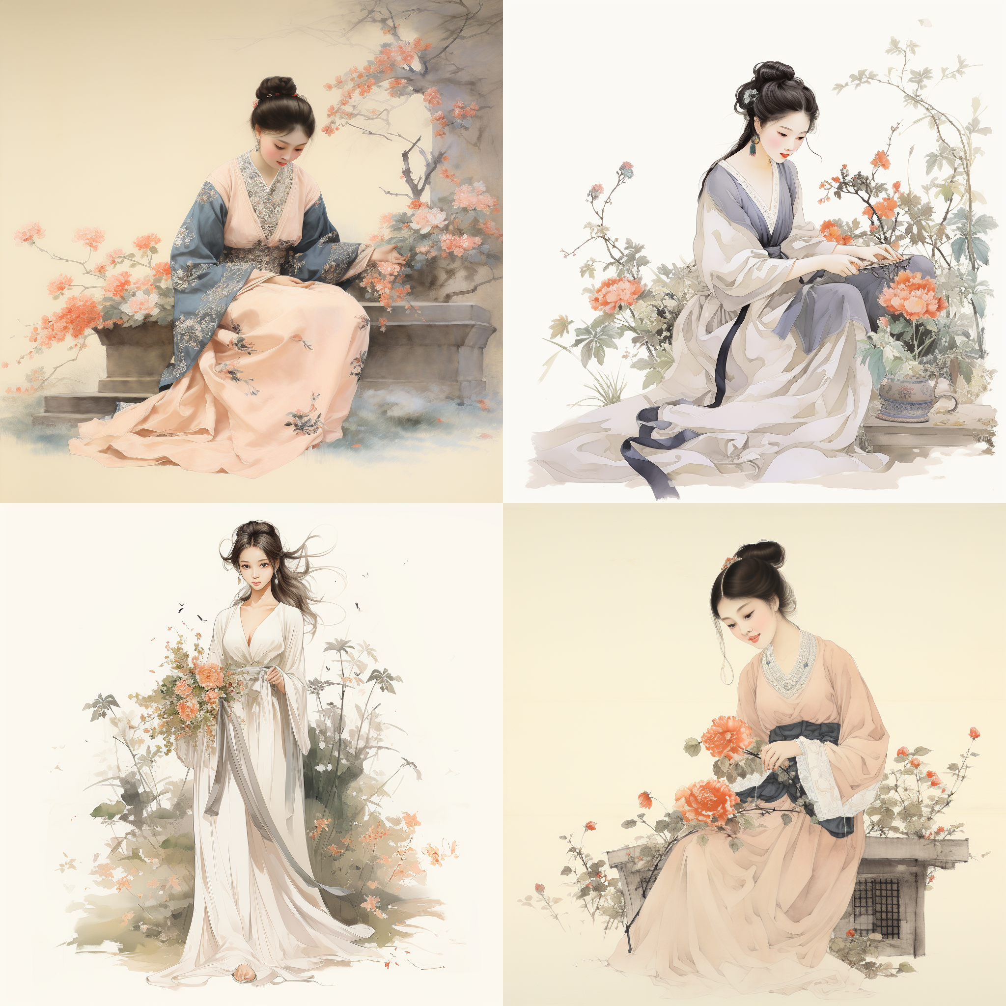 daiyu burying flowers, chinese painting style, outlined with lines, delicate wash, high-quality, elegant posture, gentle expression, blank background, rich details, serene atmosphere, traditional attire, meticulously depicted, classical beauty.,,in clothes