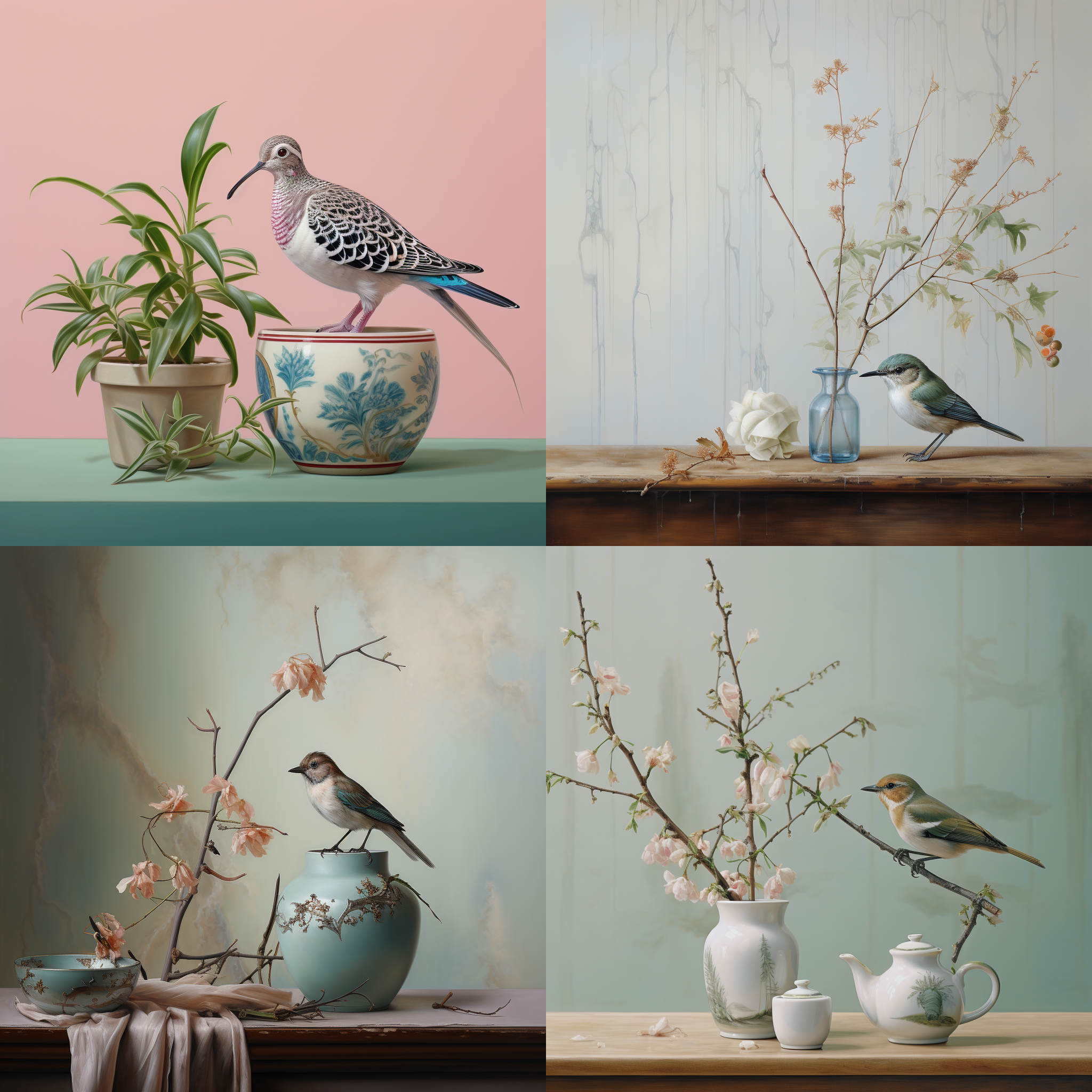 sage, weeds, a tiny emerald bird, beautiful feathers, brown, pink, nice composition, lace, chen jialing, minimalist, cropped composition, gilding, blue and white porcelain.