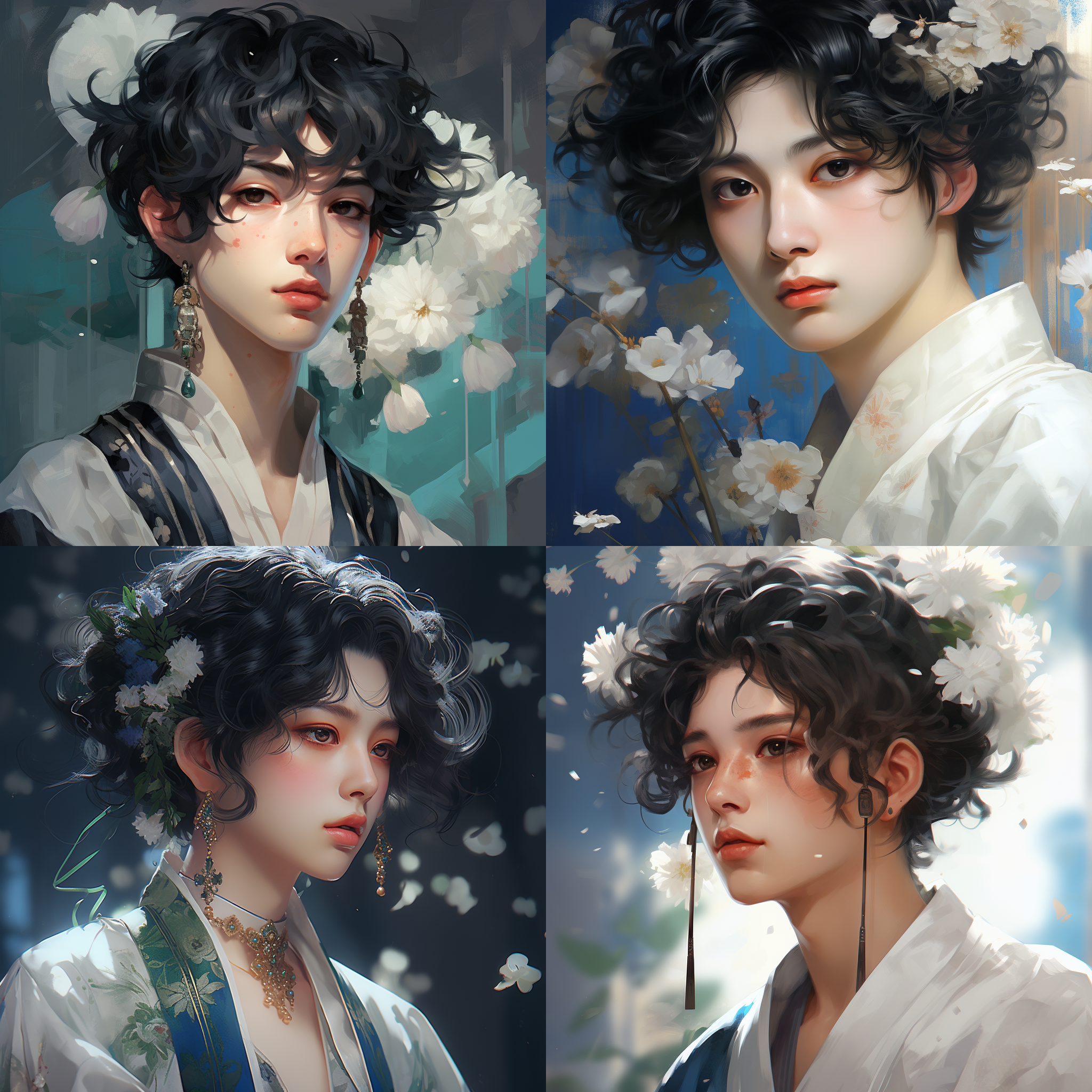 a boy inspired by anime, wearing a blue flower on his head, a white hanfu, and jade bead earrings, exudes a mysterious and romantic aura. in this close-up portrait, the focus is on his face and his exquisite details. the romantic illustration depicts his delicate features and black short curly hair, with an anime aesthetic style, soft colors, and soft lighting against a blue background.,,in clothes