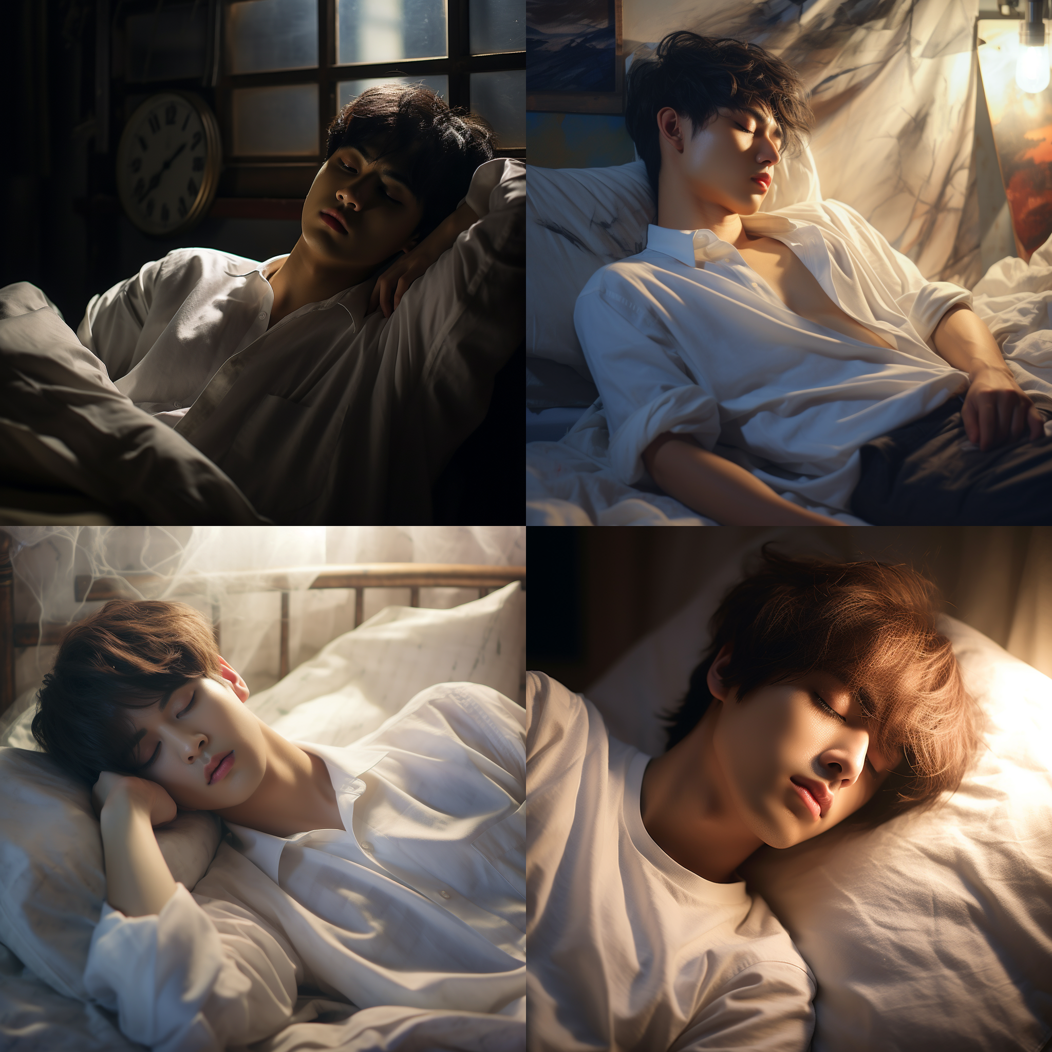 a handsome korean boy with short hair and light makeup,wearing a white shirt sleeping in bed under soft lighting, s tyle anime, real photo, high definition.