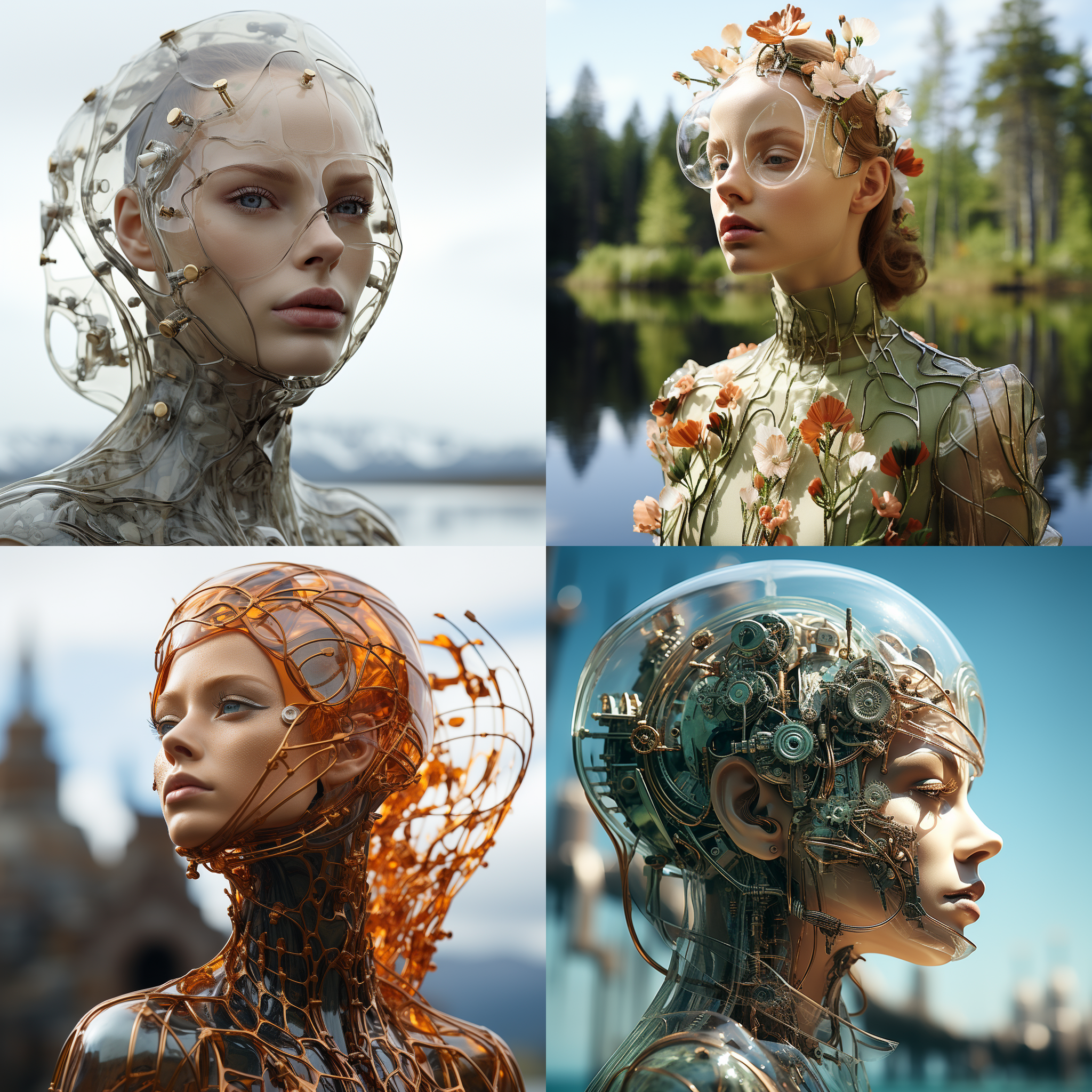 一个女人的脸上覆盖着玻璃和塑料。风格是超现实的科幻机械，挪威的自然，精致的建筑结构，超现实的水景。在bryce 3d技术的帮助下，它以特写模式呈现。