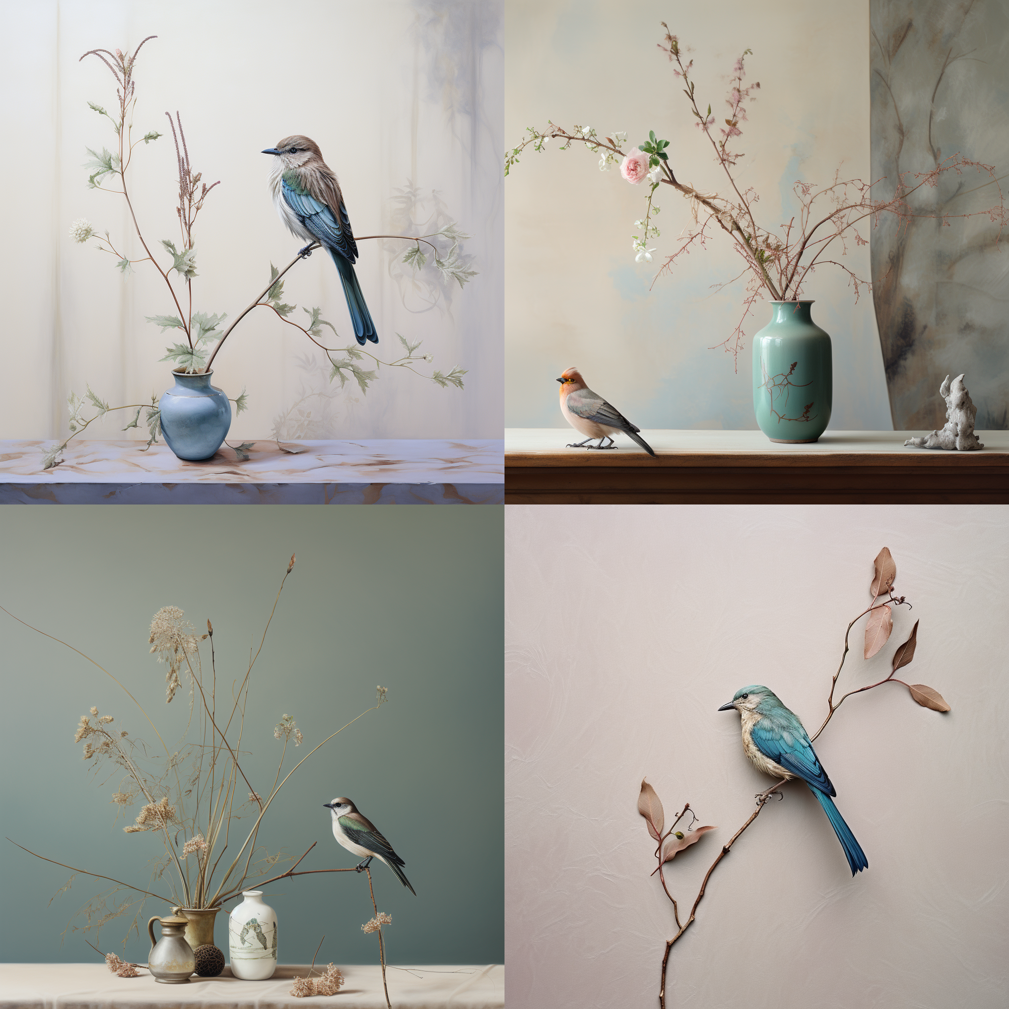 sage, weeds, a tiny emerald bird, beautiful feathers, brown, pink, nice composition, lace, chen jialing, minimalist, cropped composition, gilding, blue and white porcelain.