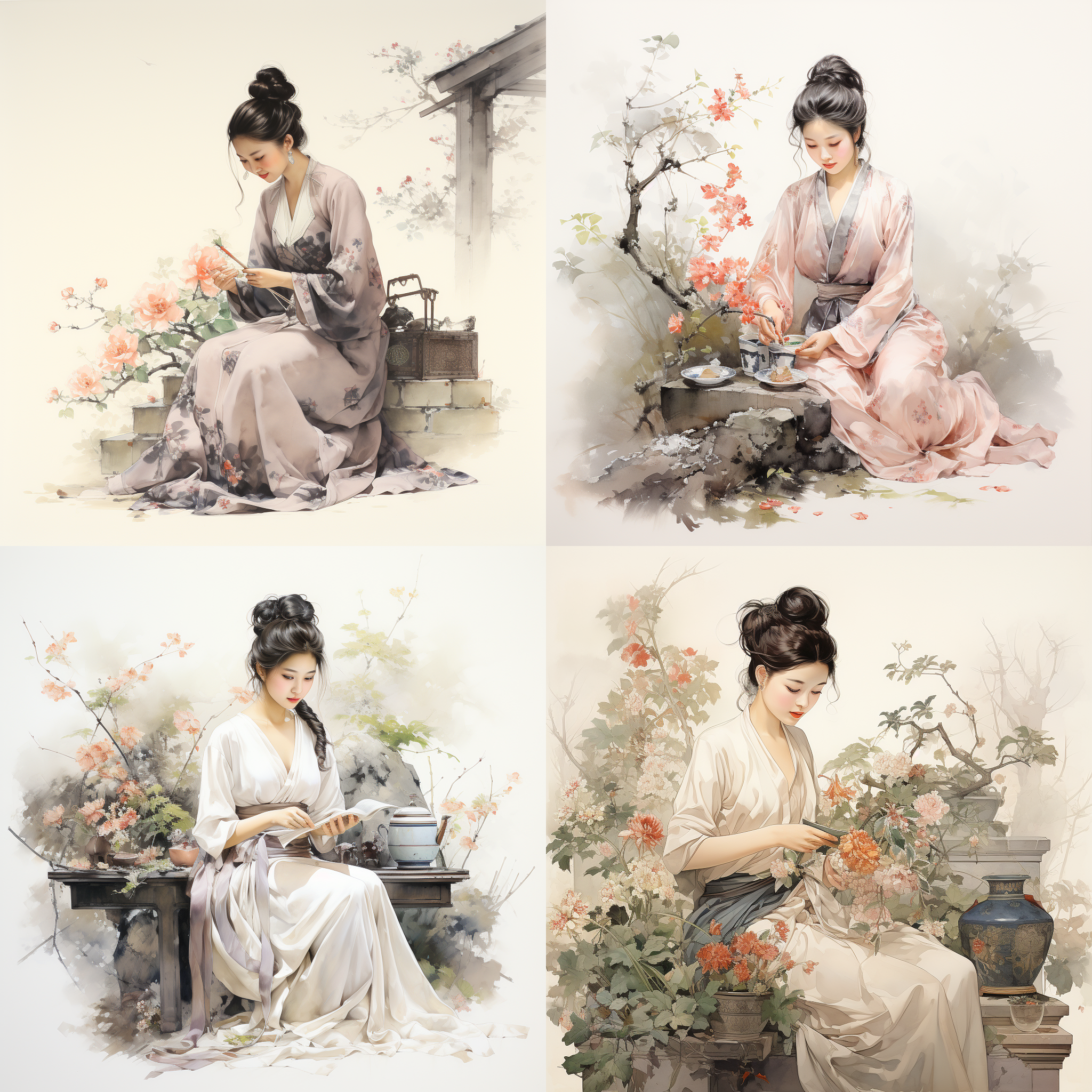daiyu burying flowers, chinese painting style, outlined with lines, delicate wash, high-quality, elegant posture, gentle expression, blank background, rich details, serene atmosphere, traditional attire, meticulously depicted, classical beauty.,,in clothes