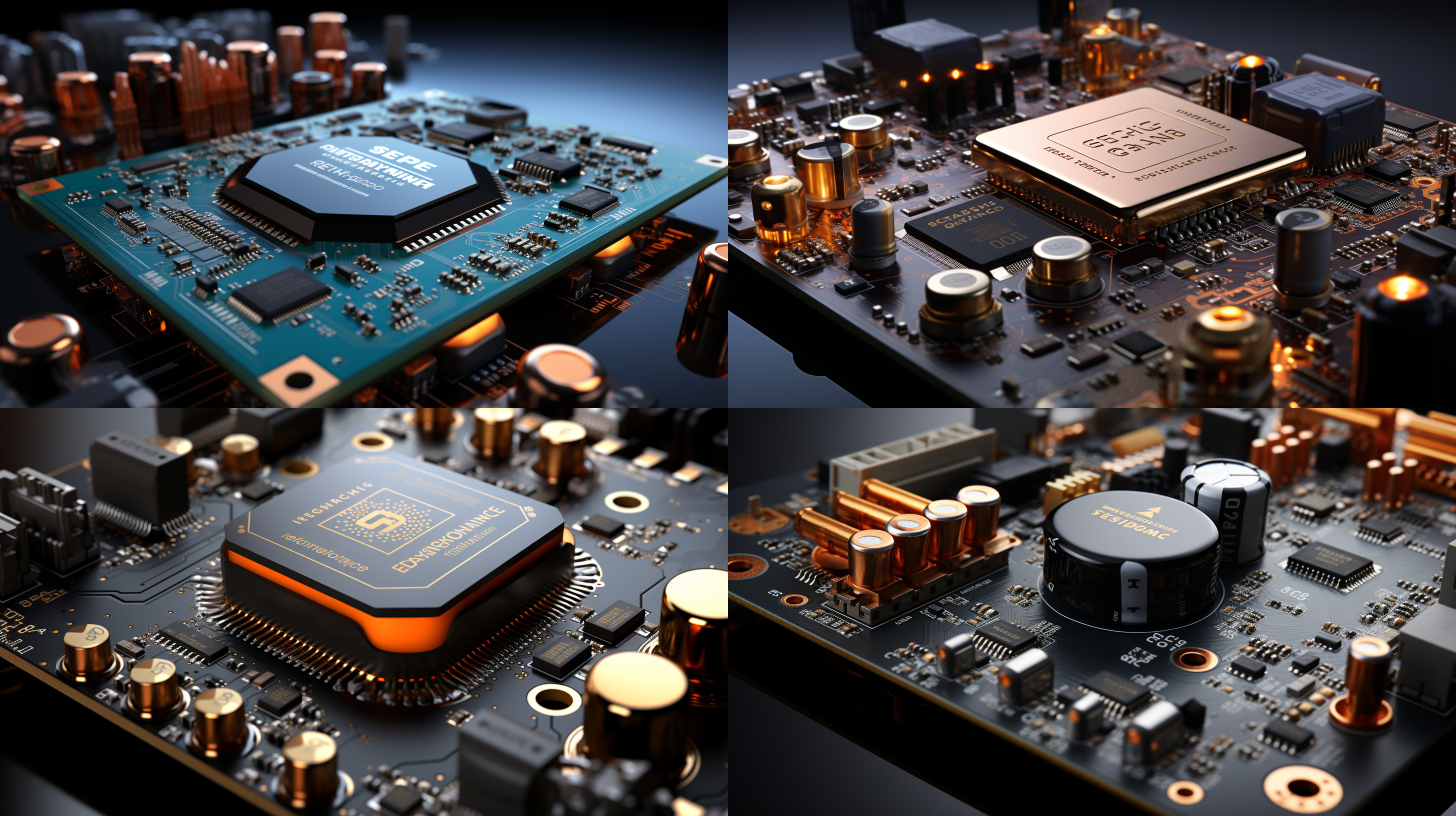 产品渲染，电路主板，高级科技光感，电阻，芯片，结构，完美全景展示，正视图，细节清晰，质感加强，oc渲染，搅拌机，高质量，8k，高分辨率，金属质感，冷色调，精确对焦，侧光，科技感，现代感，精密工艺，专业摄影，光影效果，清晰度高，技术美感。