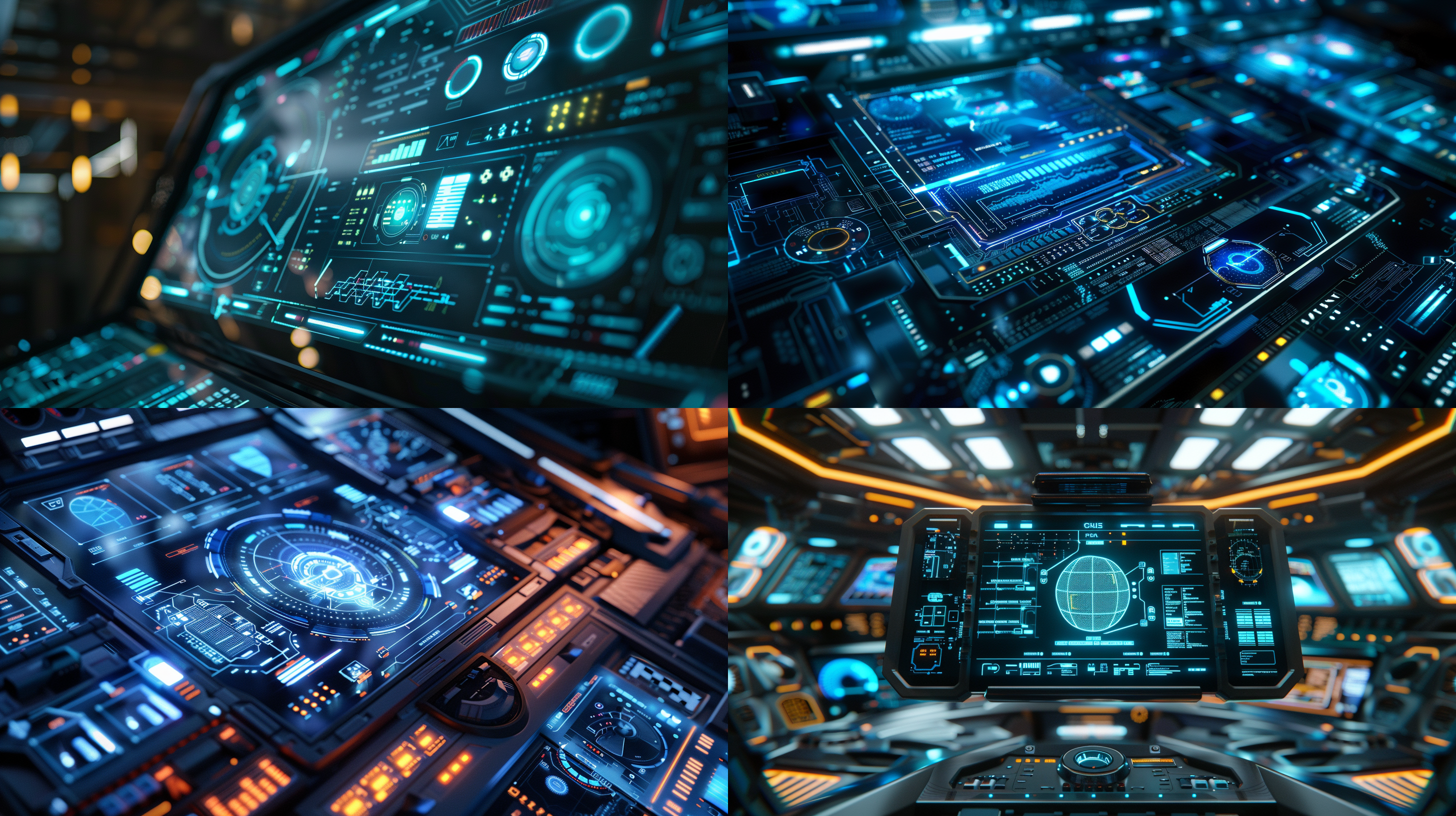 future technology control panel, with a floating screen, material, full of technological feel, cool color tone, indoor environment, wide-angle lens, front light, high resolution, touch operation, focused expression.