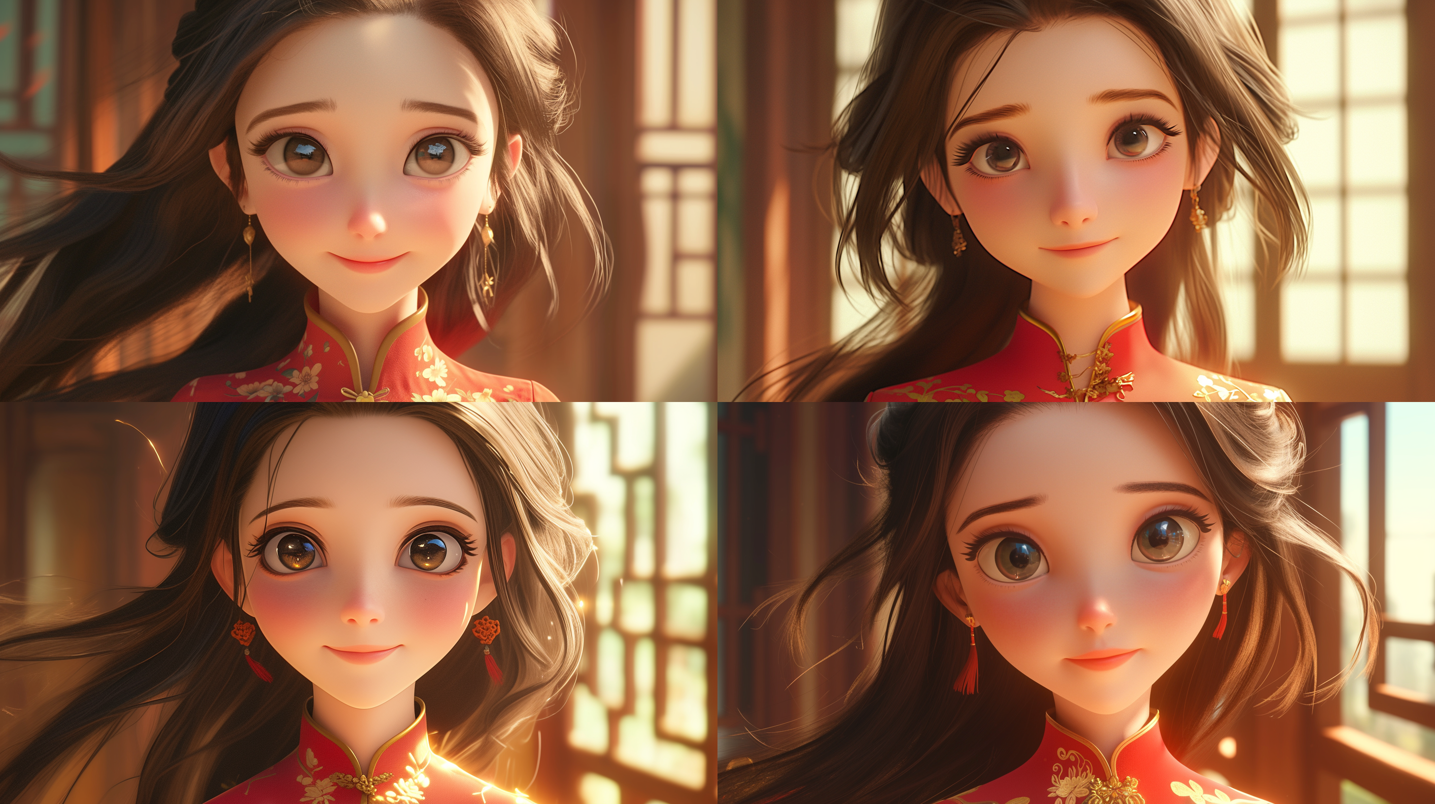 中国女孩，大眼睛，长发，微笑，特写，建筑背景，迪士尼皮克斯风格，3d，c4d，blender，盲盒角色设计，轮廓光，明亮色彩，卡通渲染，丰富细节，梦幻氛围，快乐表情，快速动作。