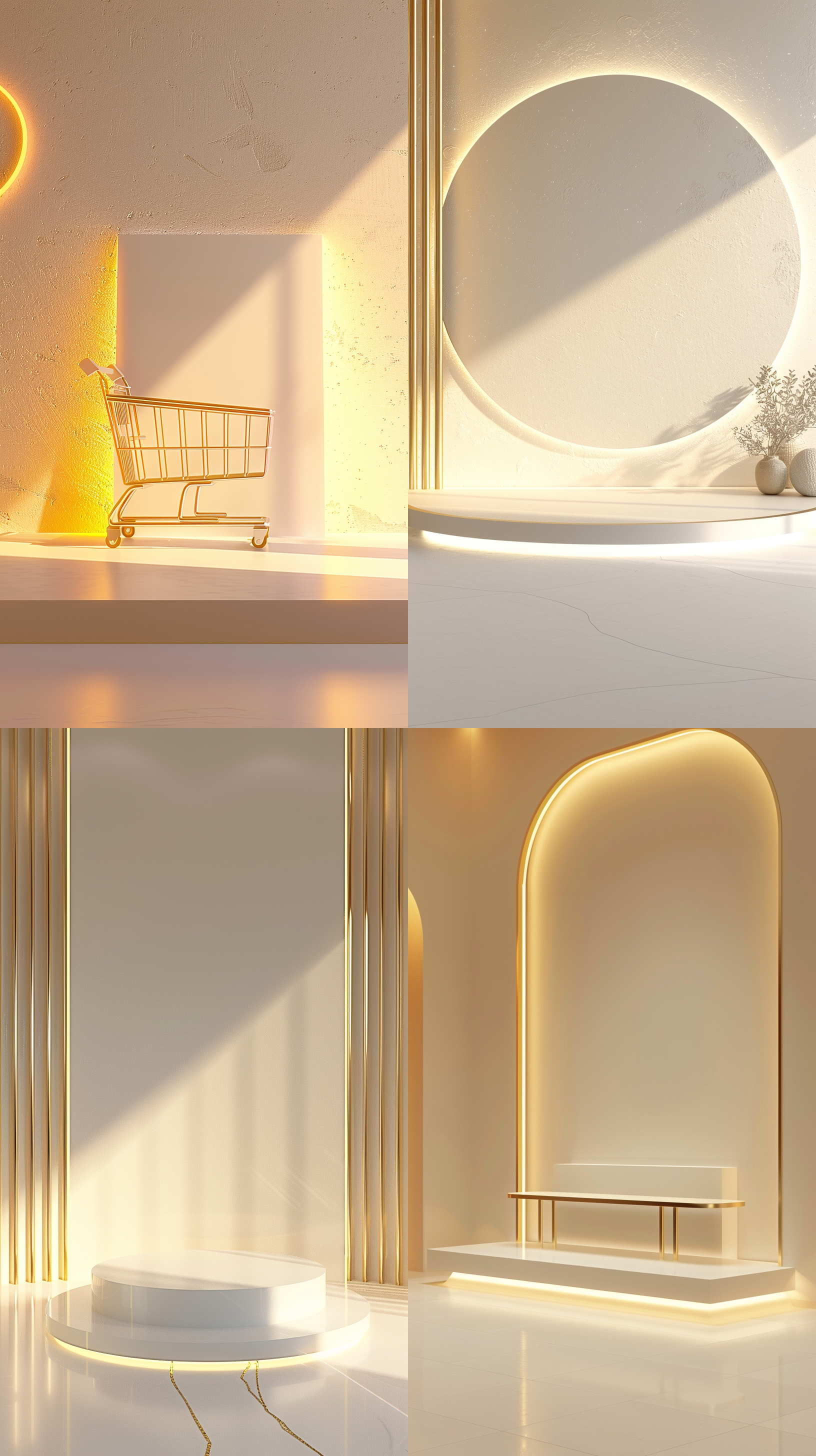 白金色电商背景，空展台。简约风格，极简背景，干净光影，高清分辨率，超细节，3d c4d，blender软件，超高清3d渲染、霓虹灯 波普艺术 日记本风格
