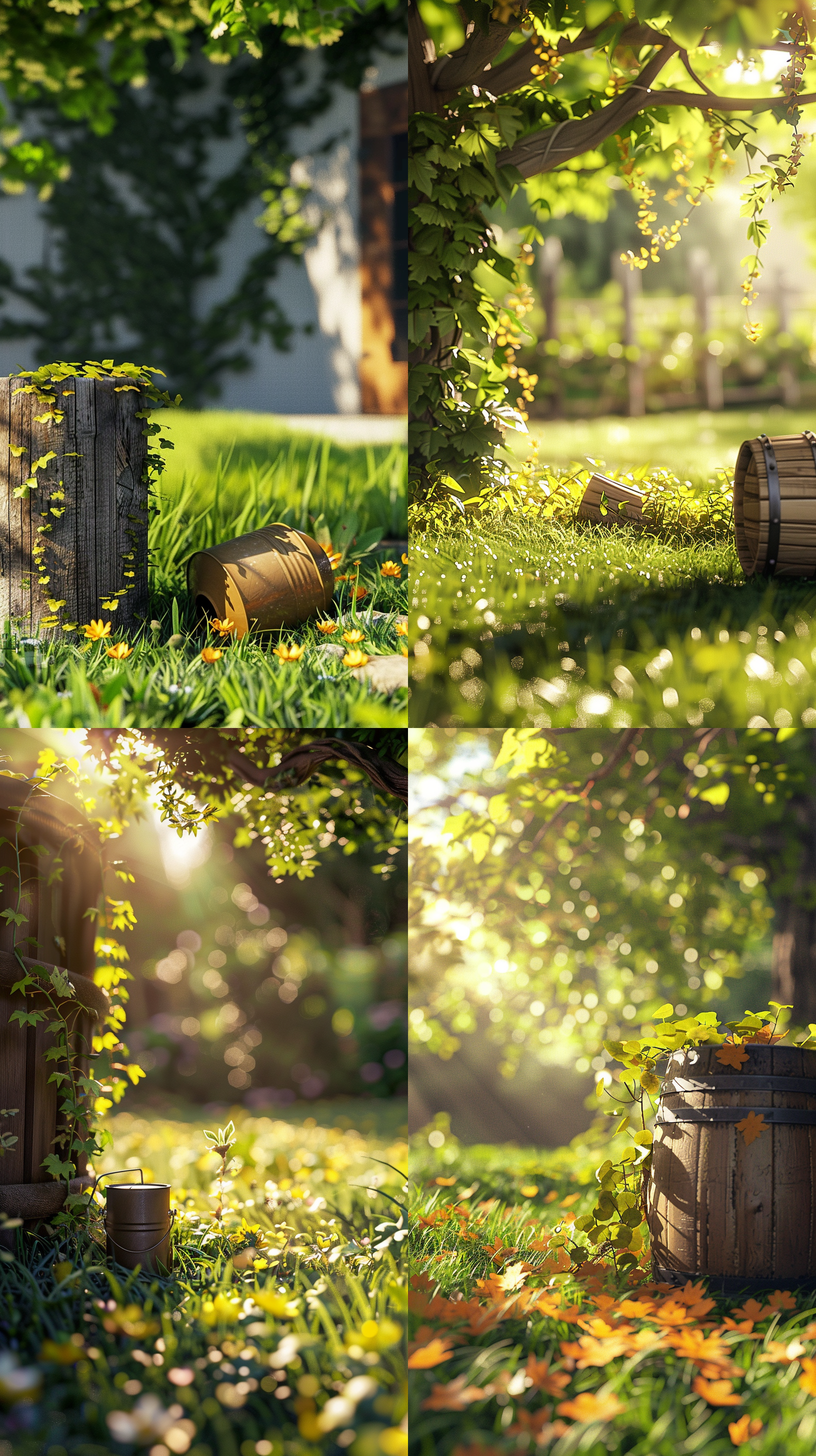 海报场景，室外，一个易拉罐放在土地上，一根木头装饰，木头旁是绿色的嫩草，牧草里有深黄色藤条点缀，阳光明媚，4k，高清，自然光，夏天，让人感到凉爽，干净光影，正视图，c4d效果，blender