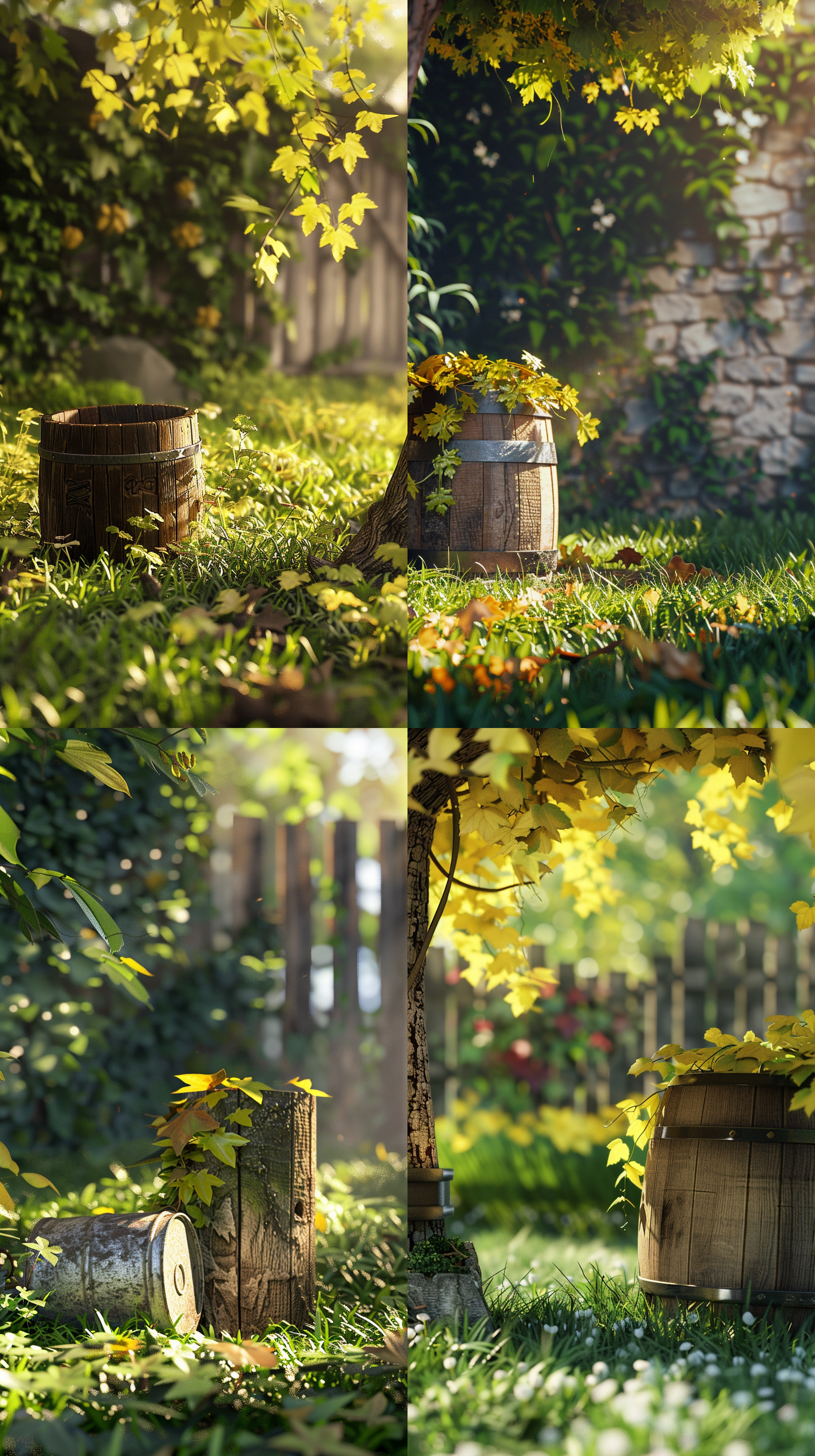 海报场景，室外，一个易拉罐放在土地上，一根木头装饰，木头旁是绿色的嫩草，牧草里有深黄色藤条点缀，阳光明媚，4k，高清，自然光，夏天，让人感到凉爽，干净光影，正视图，c4d效果，blender