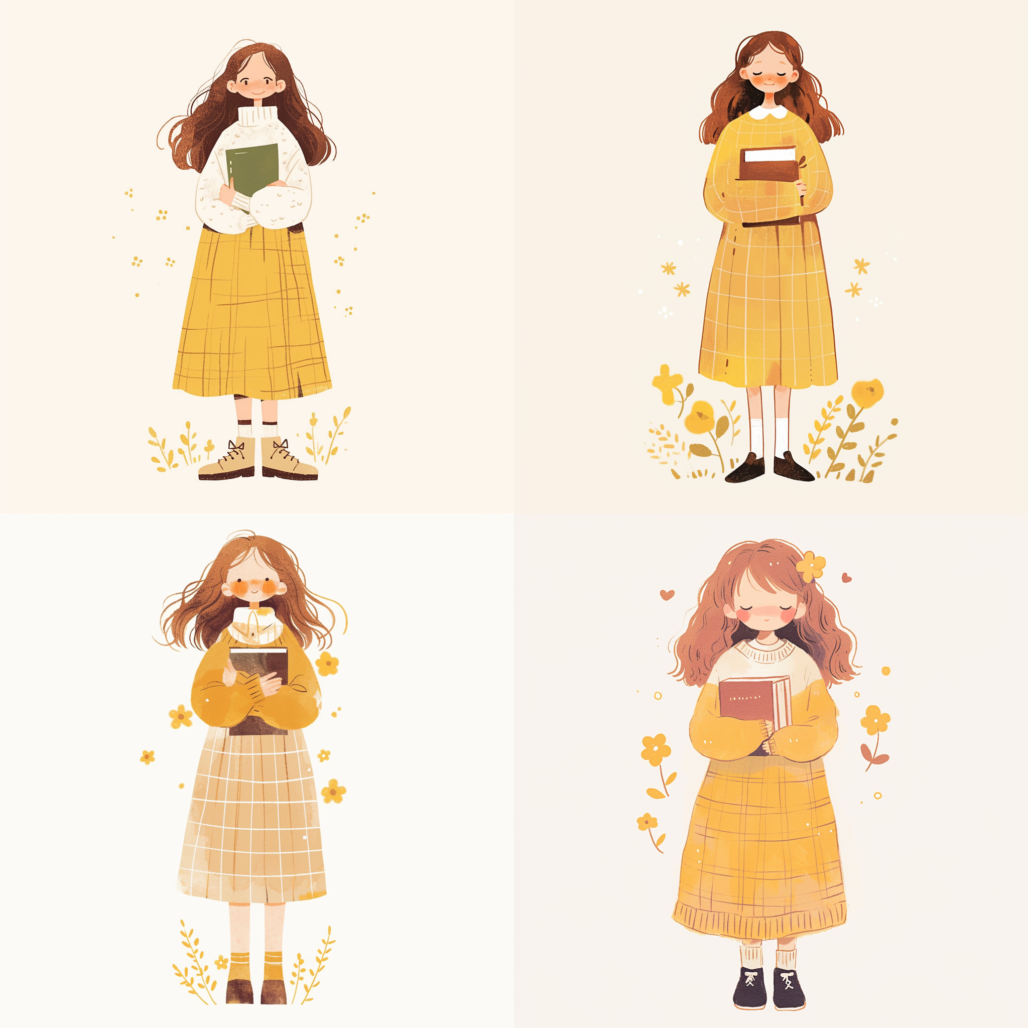 可爱女孩的涂鸦插图，手拿书本，积极，阳光，全身，简单的插图，可爱和极简主义，儿童绘本风格，明亮的颜色，迷人的人物插图，白色背景