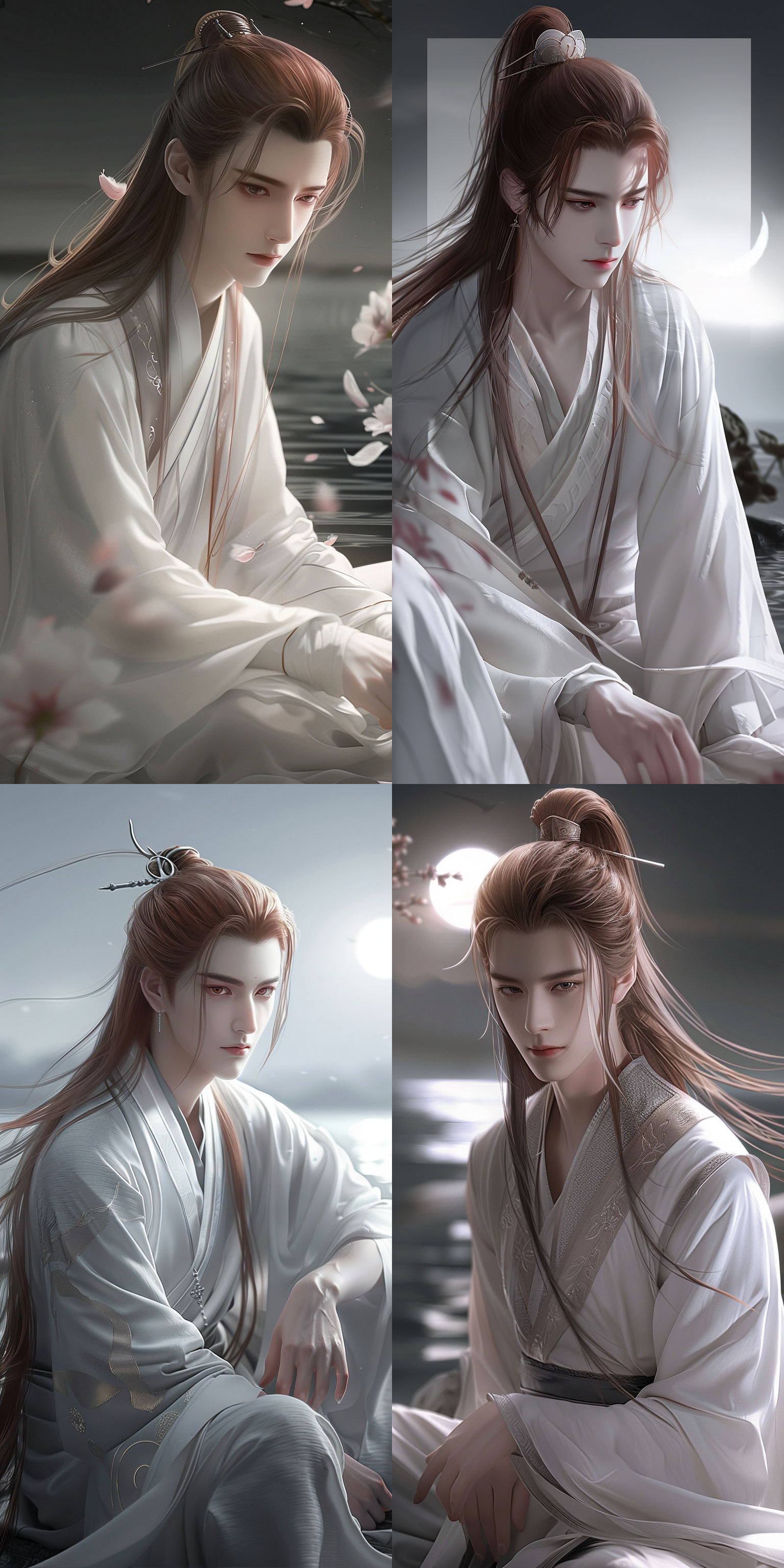 一个男孩，中国风，古风，红色长发，超级帅气，精致五官，白晰皮肤，正面看我，月光下，水边，跪在地上看我，俯视镜头