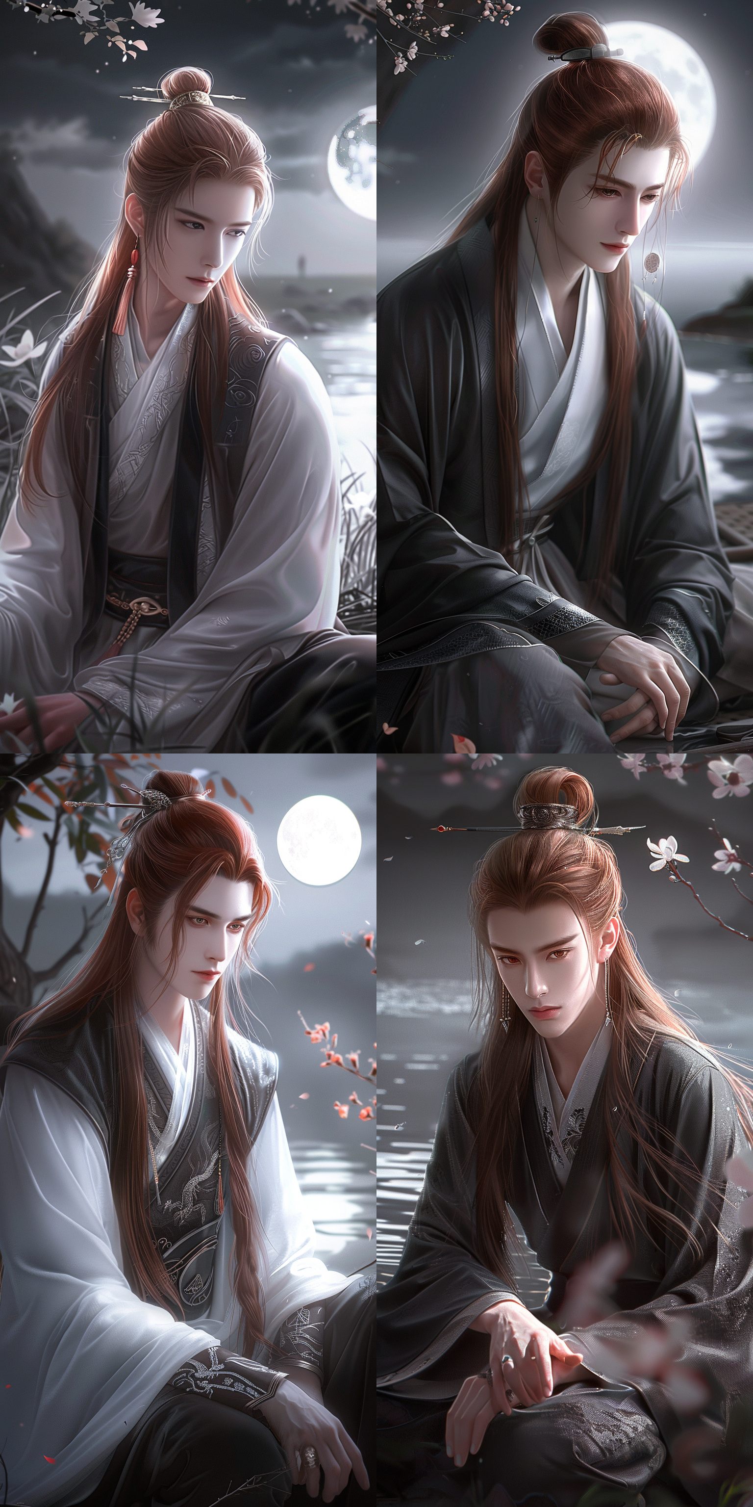 一个男孩，中国风，古风，红色长发，超级帅气，精致五官，白晰皮肤，黑色古装。正面看我，月光下，水边，跪着看我，俯视镜头，健壮的身体