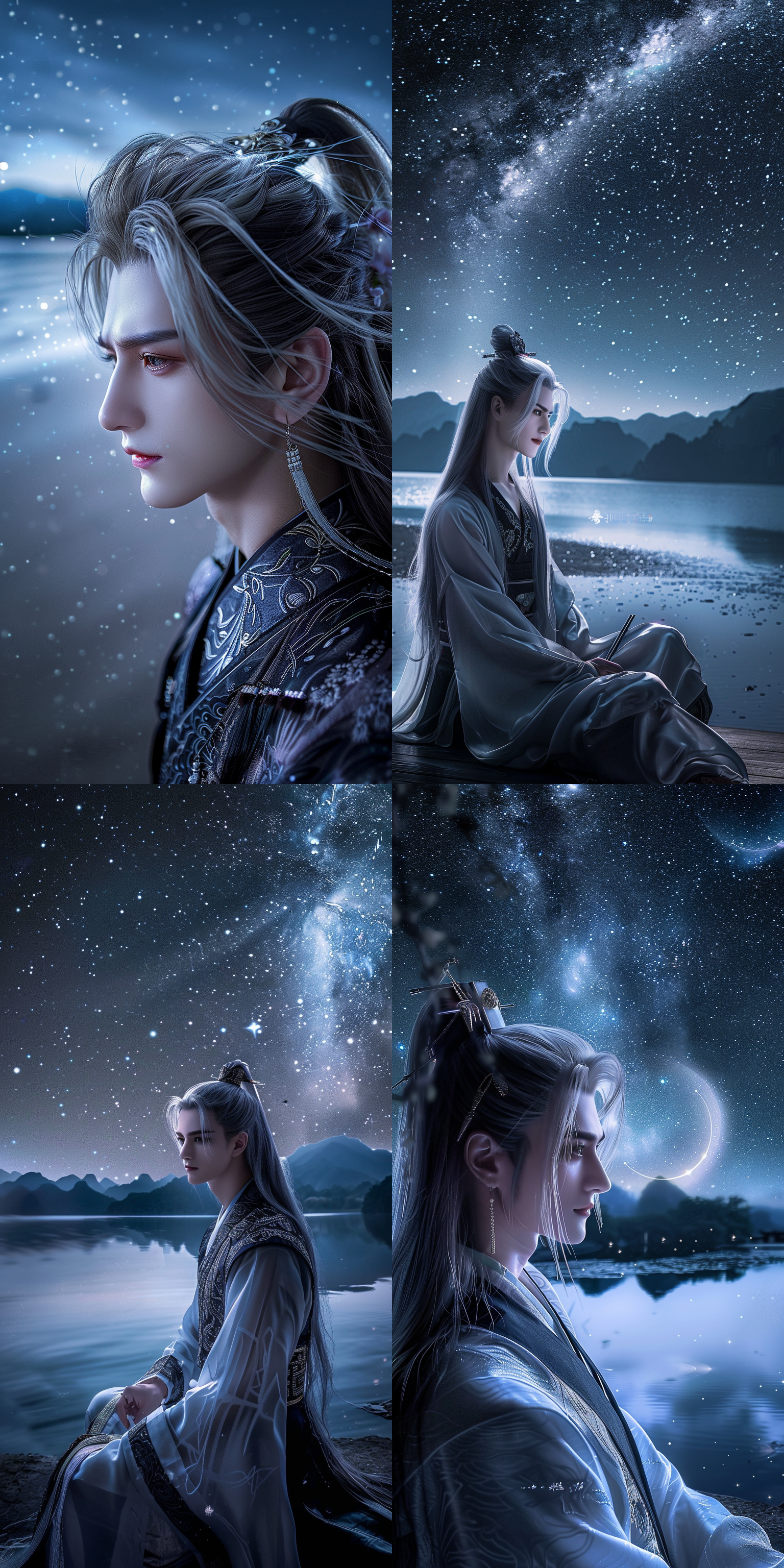 一个男孩，中国风，古风，长发，超级帅气，精致五官，白晰皮肤，黑色古装，月光下，水边，正面看我，健壮的身体