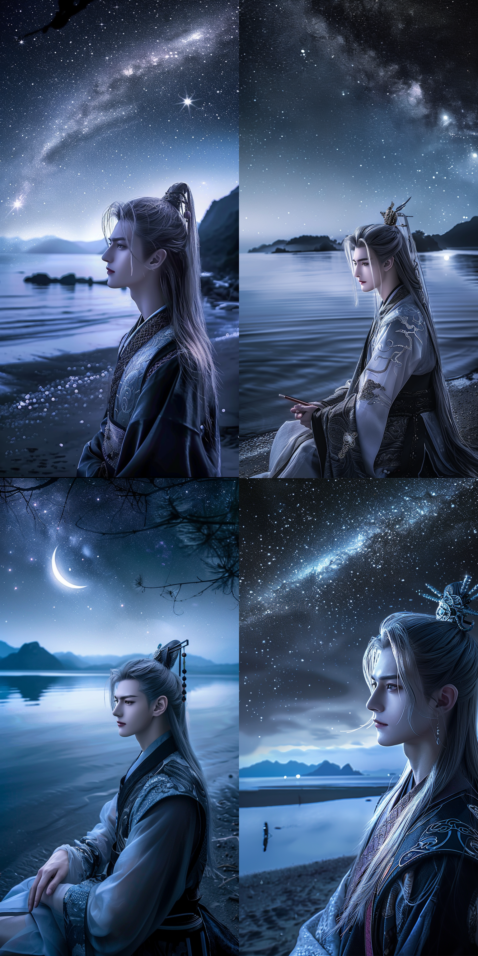 一个男孩，中国风，古风，长发，超级帅气，高级脸，精致五官，白晰皮肤，黑色古装，月光下，水边，正面看我，健壮的身体，正视图