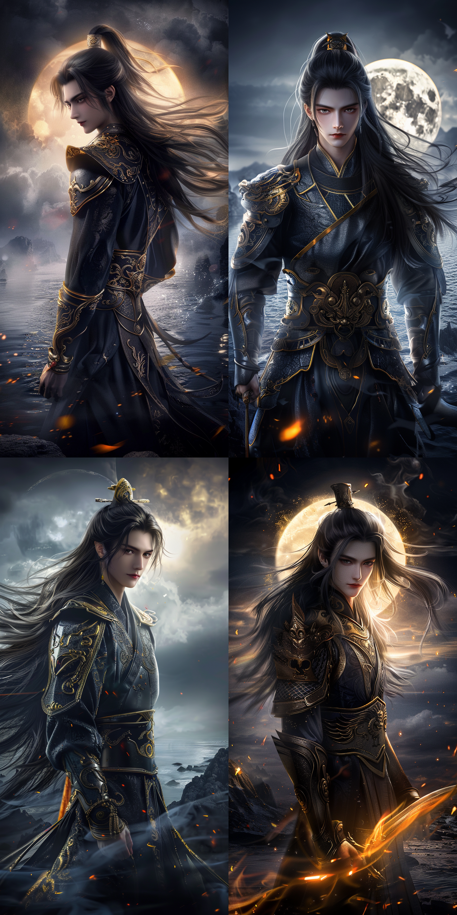 一个男孩，中国风，古风，长发，超级帅气，高级脸，精致五官，白晰皮肤，黑金渐变古装，月光下，水边，正面看我，健壮的身体，正视图