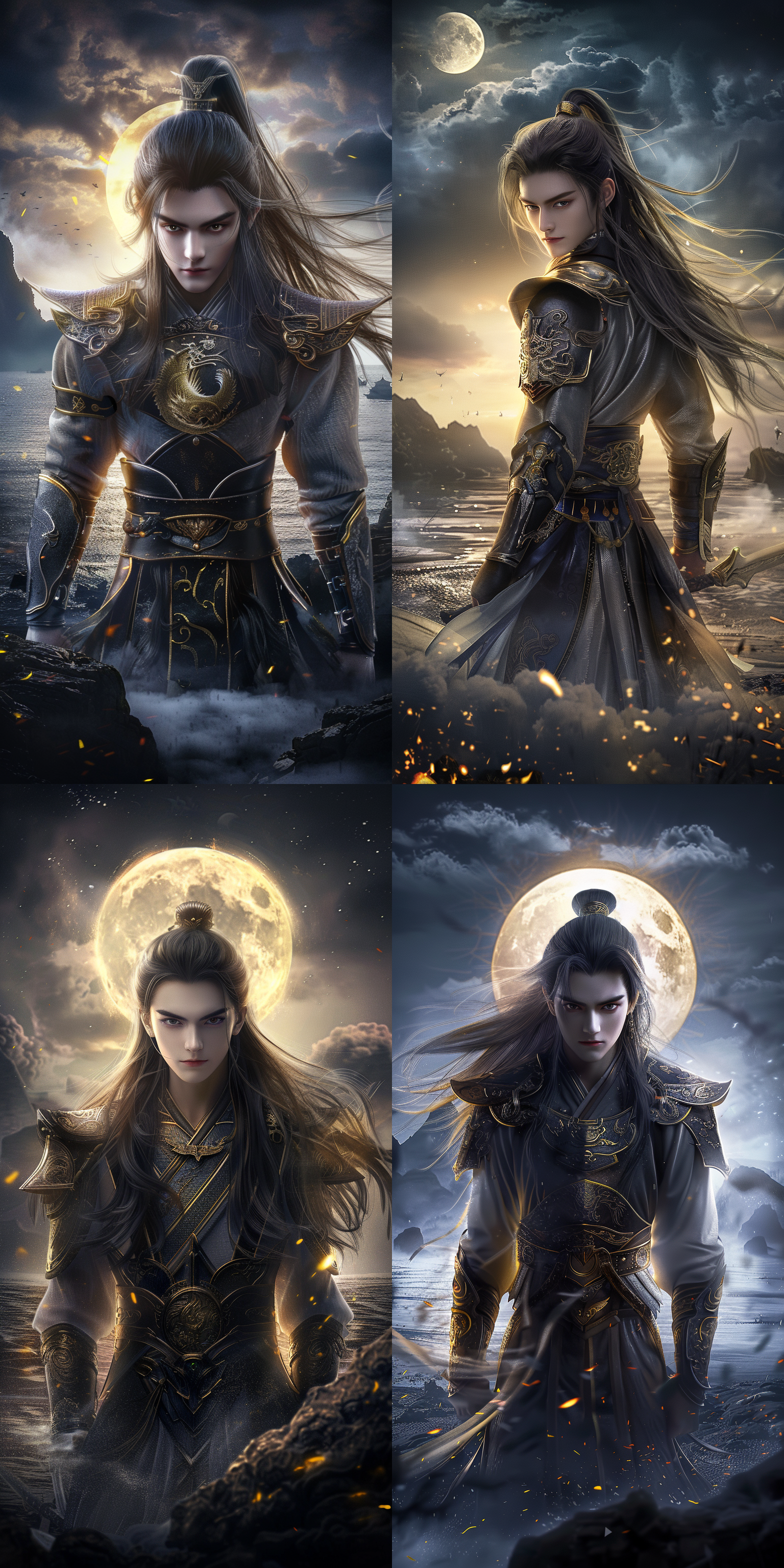 一个男孩，中国风，古风，长发，超级帅气，高级脸，精致五官，白晰皮肤，黑金渐变古装，月光下，水边，正面看我，健壮的身体，正视图