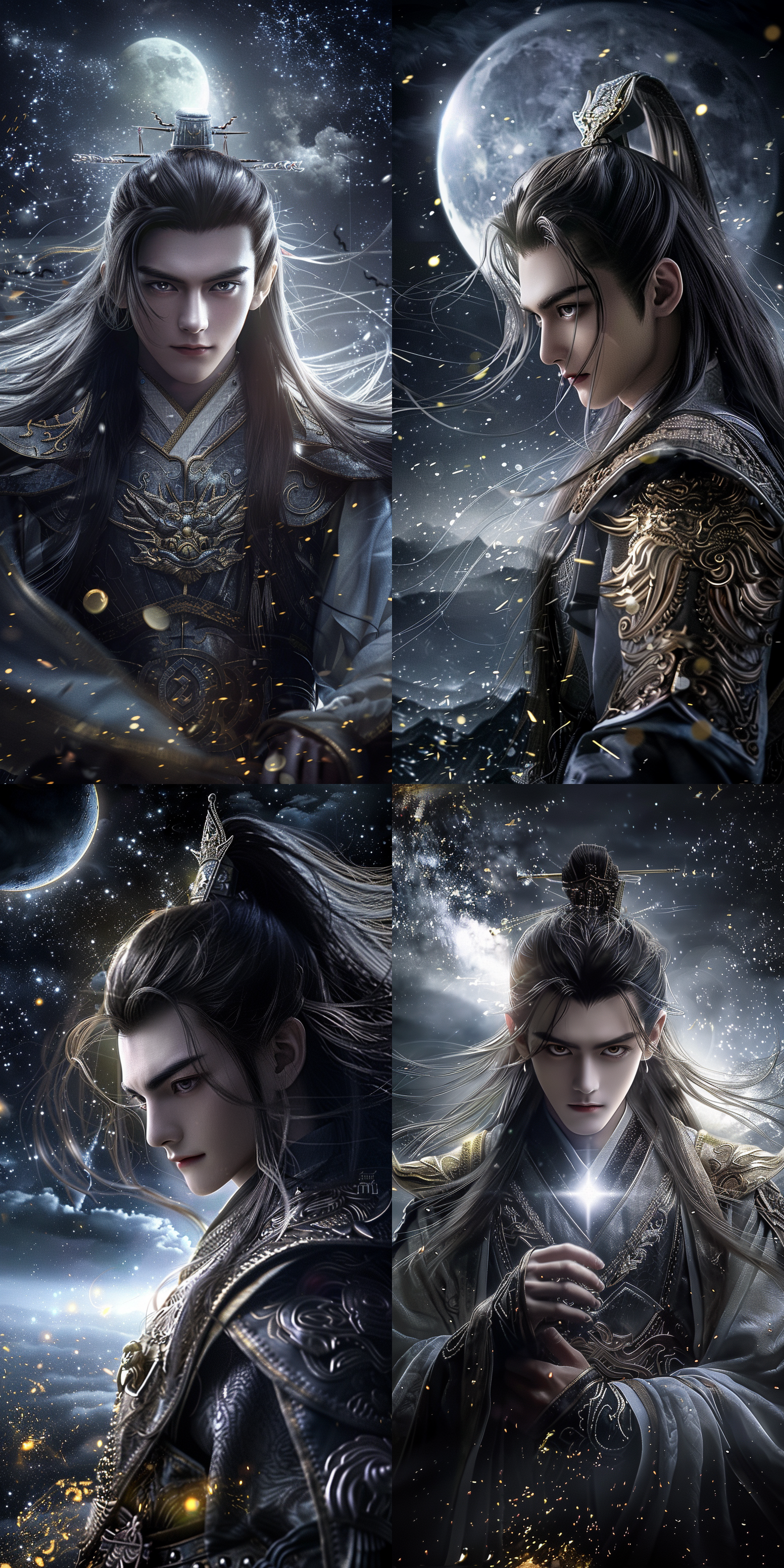 一个男孩，中国风，古风，长发，超级帅气，高级脸，精致五官，白晰皮肤，黑金渐变古装，月光下，正面看我，健壮的身体，正视图，