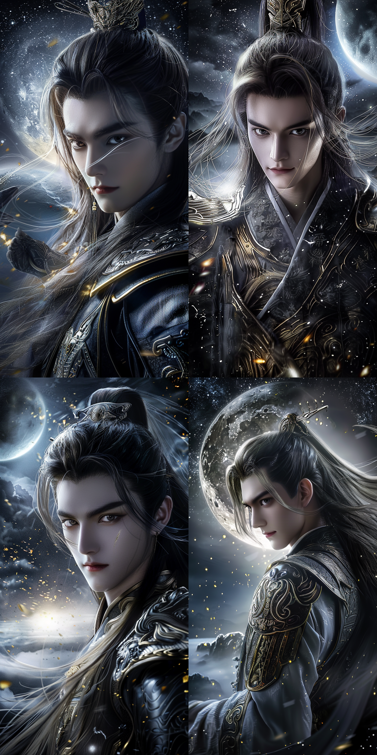 一个男孩，中国风，古风，长发，超级帅气，高级脸，精致五官，白晰皮肤，黑金渐变古装，月光下，正面看我，健壮的身体，正视图，