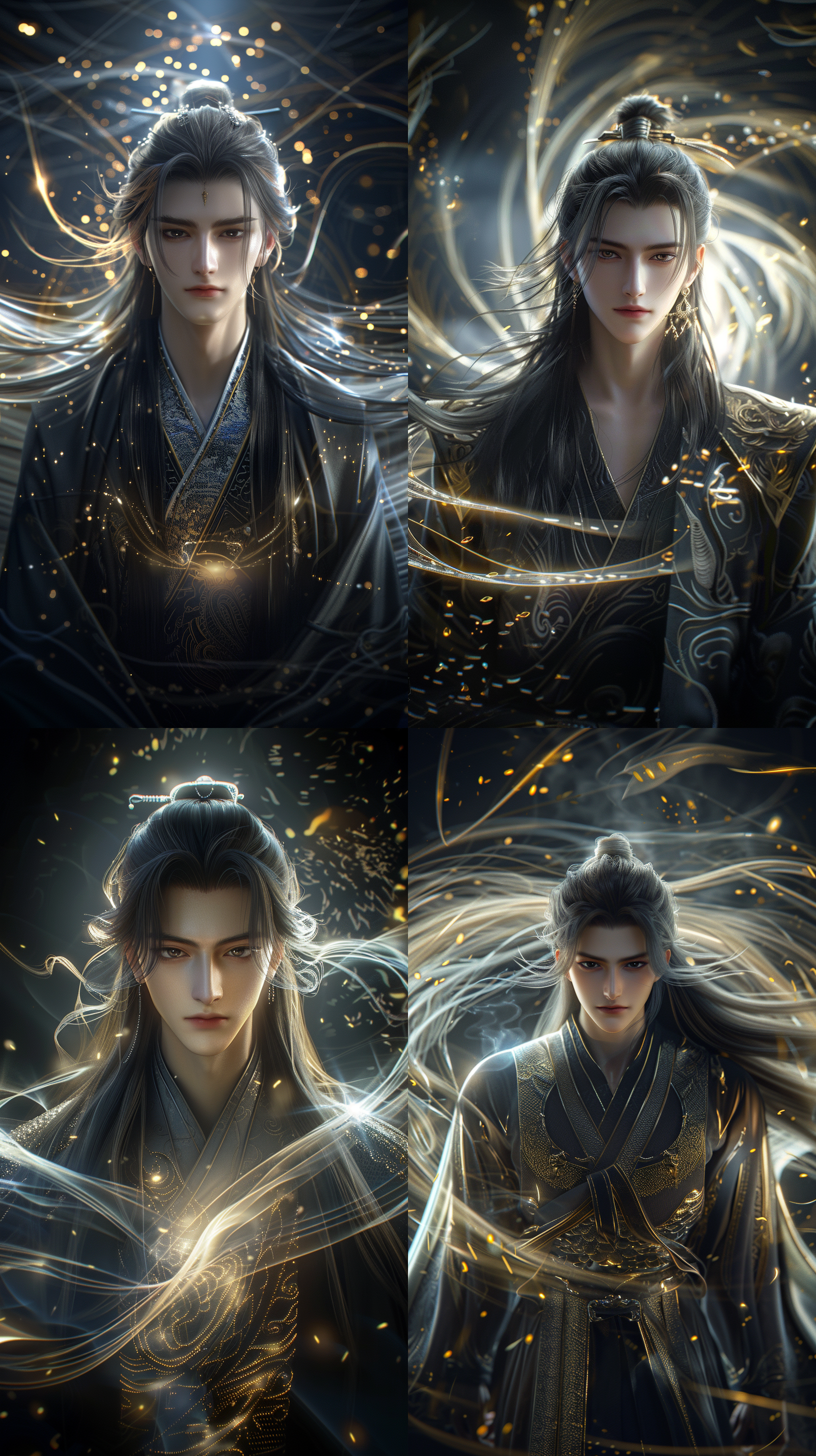 中国古代年轻男子，超级帅气，高级精致面容，细长眉毛，长发，清冷，银白古装，薄唇饱满，线条清晰，超清画质，古建筑内景，cg图，正视图，正脸看我，霸气！超现实，强壮的身体