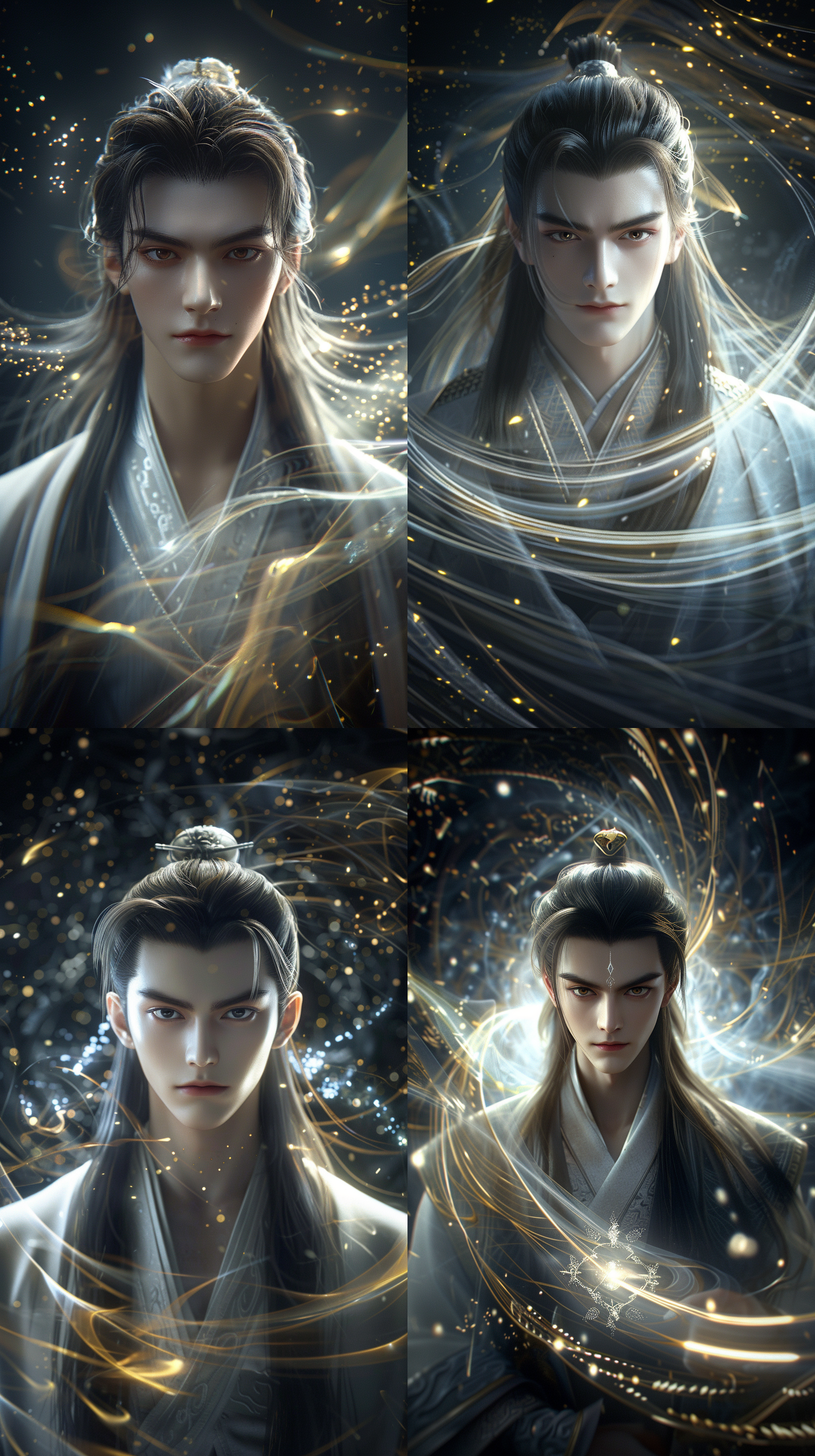 中国古代年轻男子，超级帅气，高级精致面容，细长眉毛，长发，清冷，银白古装，薄唇饱满，线条清晰，超清画质，古建筑内景，cg图，正视图，正脸看我，霸气！超现实，强壮的身体