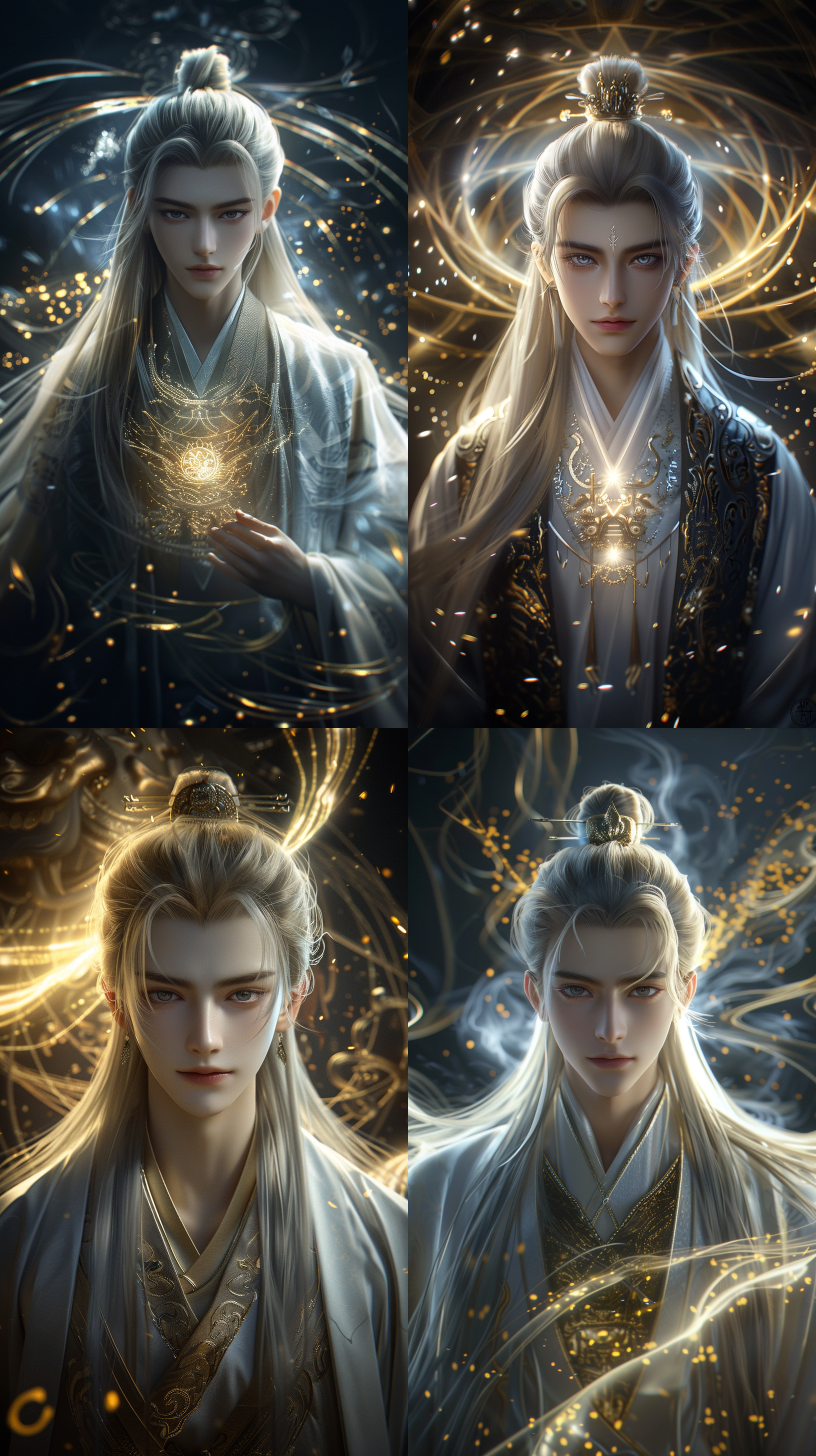 中国古代年轻男子，超级帅气，高级精致面容，细长眉毛，长发，清冷，银白古装，薄唇饱满，线条清晰，超清画质，古建筑内景，cg图，正视图，正脸看我，霸气！超现实，强壮的身体