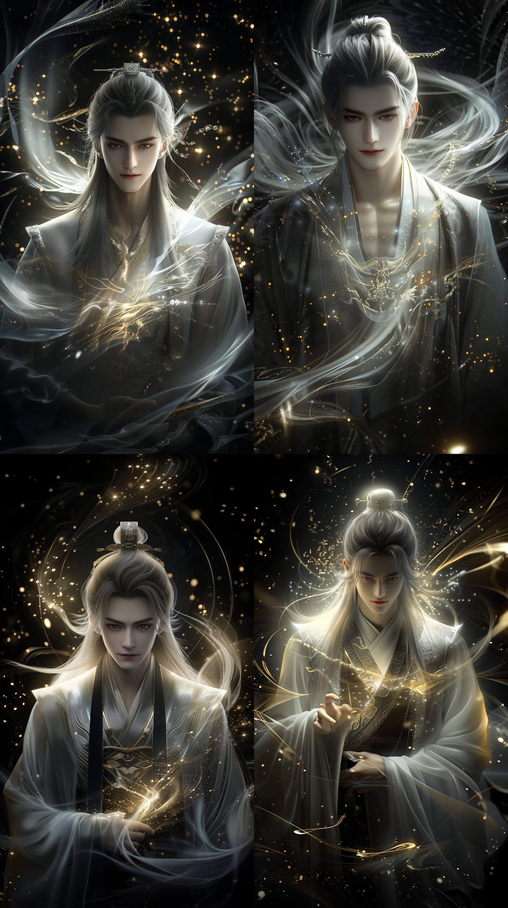 中国古代年轻男子，超级帅气，高级精致面容，细长眉毛，长发，清冷，银白古装，薄唇饱满，线条清晰，超清画质，古建筑内景，cg图，正视图，正脸看我，霸气！超现实，强壮的身体，异瞳